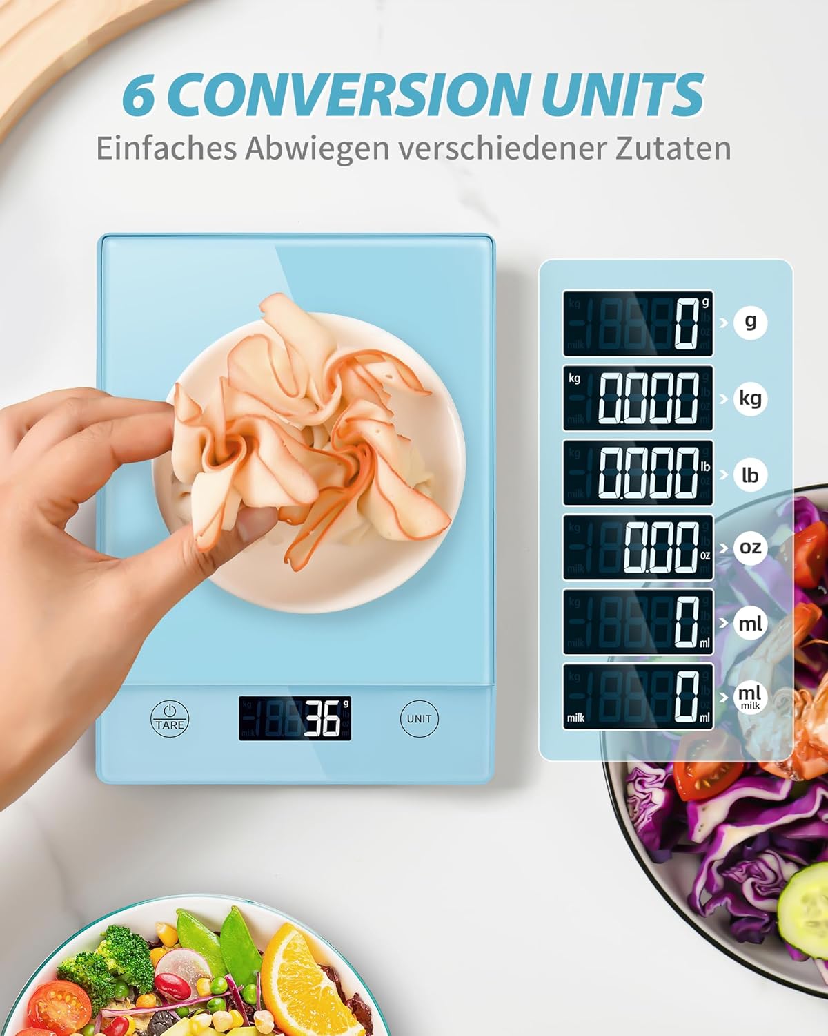 Digitale Küchenwaage mit 10kg Kapazität, Tara-Funktion, Blau-Glass