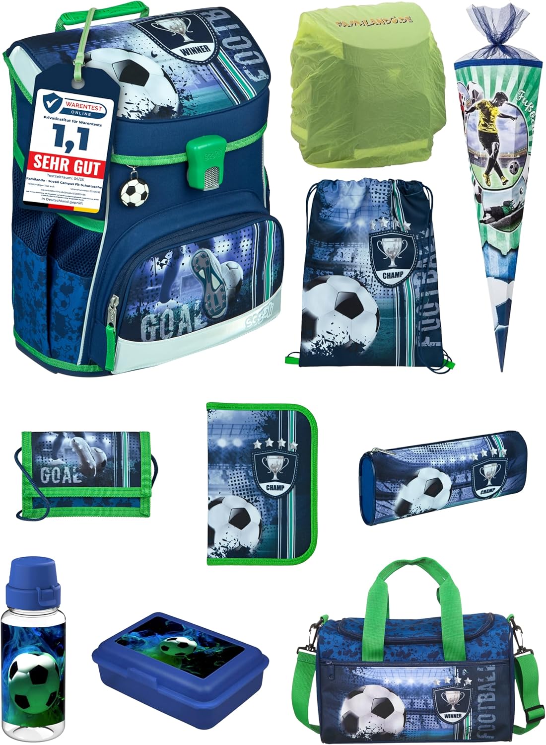 Schulranzen-Set für Erstklässler, Fussball Blau 10-teiliges Set mit Schultüte