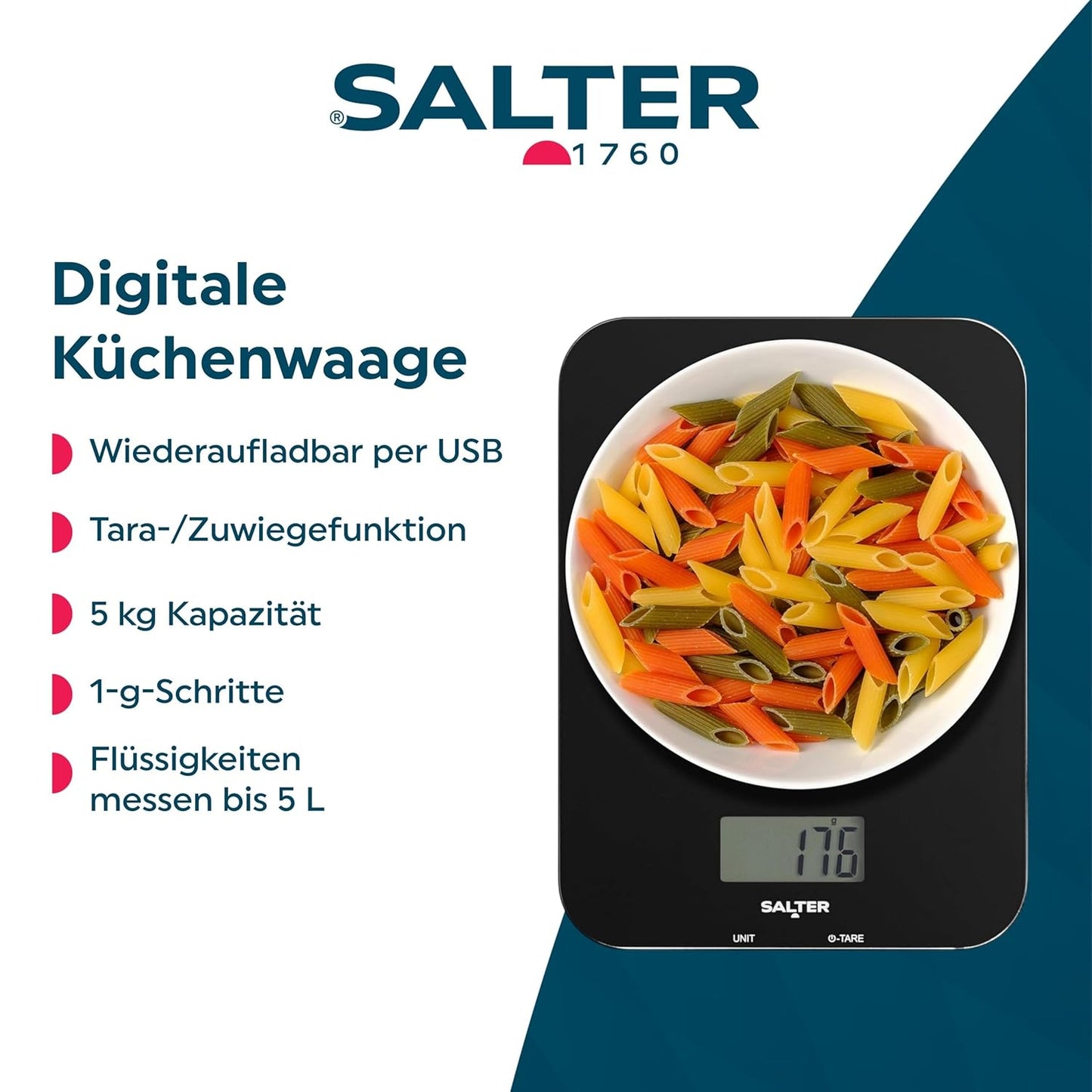 Wiederaufladbare Küchenwaage mit Tare Funktion, Wiederaufladbare Waage