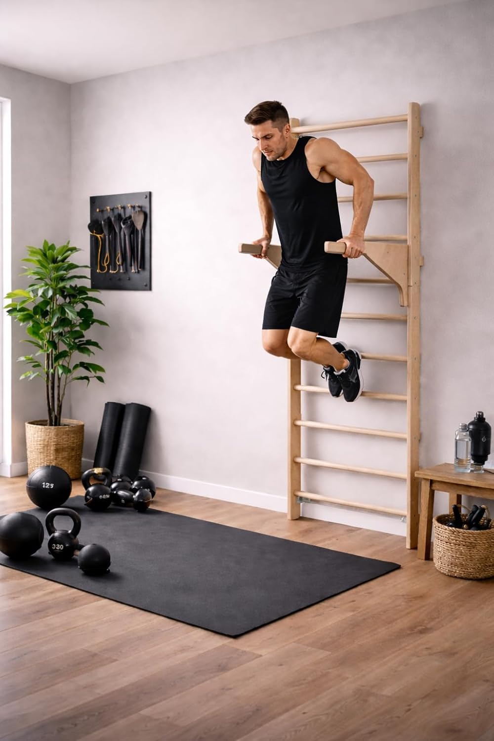 Sprossenwand mit Klimmzugstange, With Gym Rings + DIP
