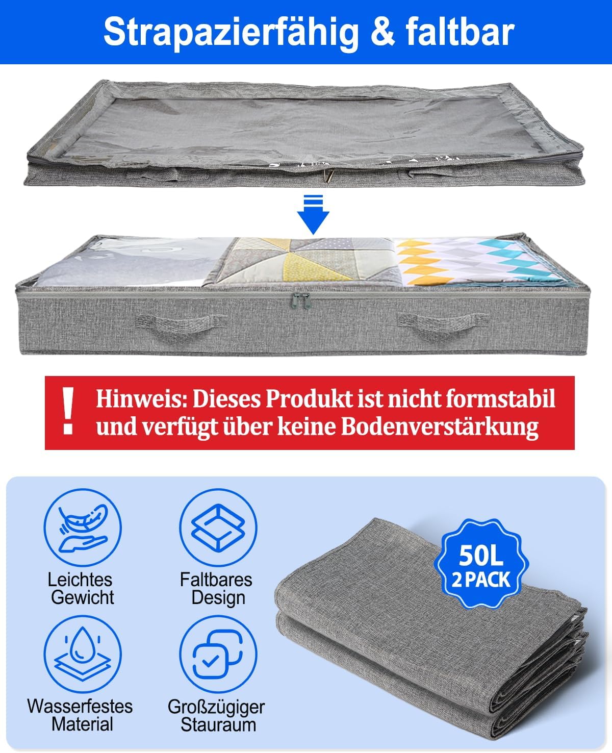 2er-Pack Unterbett-Aufbewahrungstaschen, Grau - 2 Stück 10cm