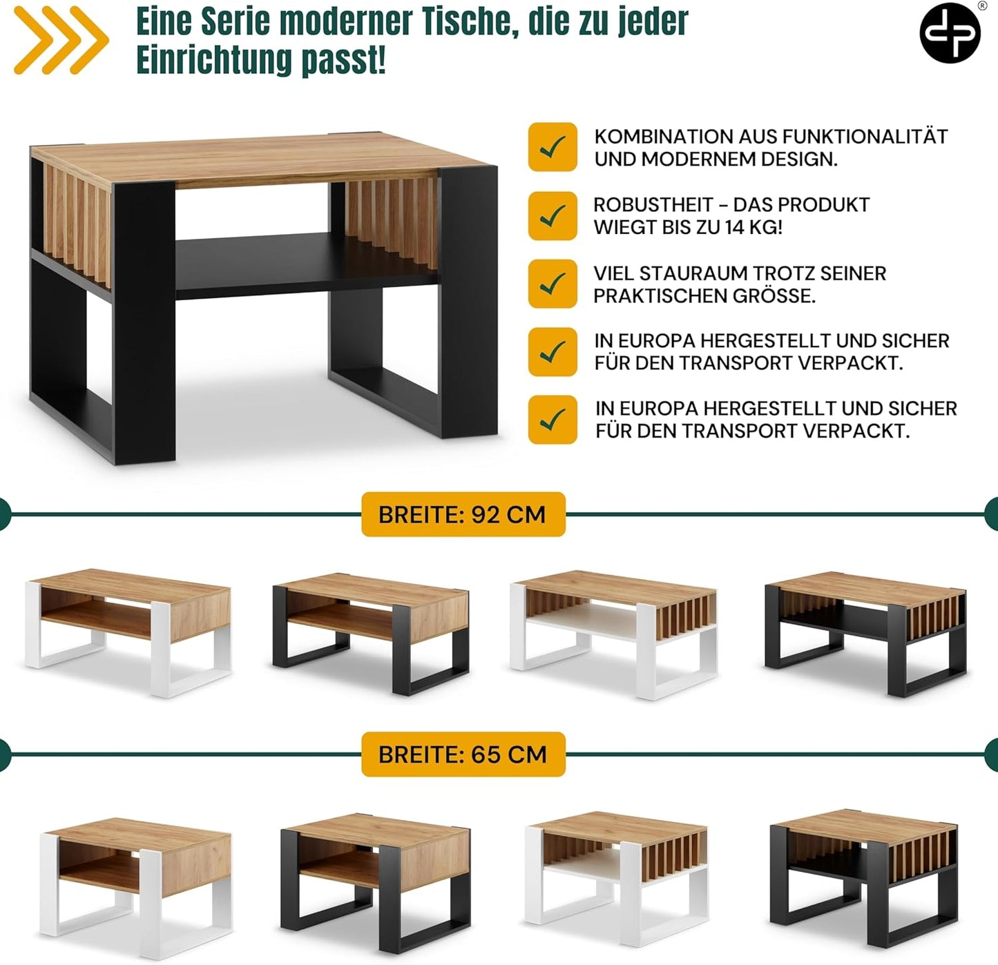 Kleiner Couchtisch mit Stauraum und Lamellen-Design, Schwarz + Eiche
