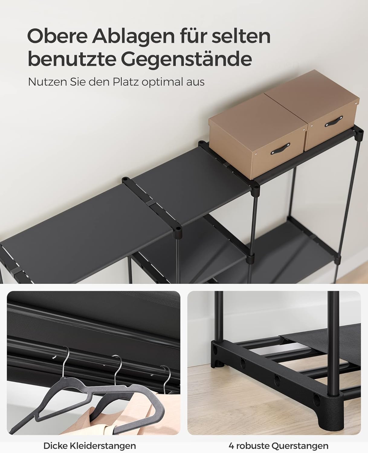 Kleiderschrank mit Stoffablagen, Tintenschwarz