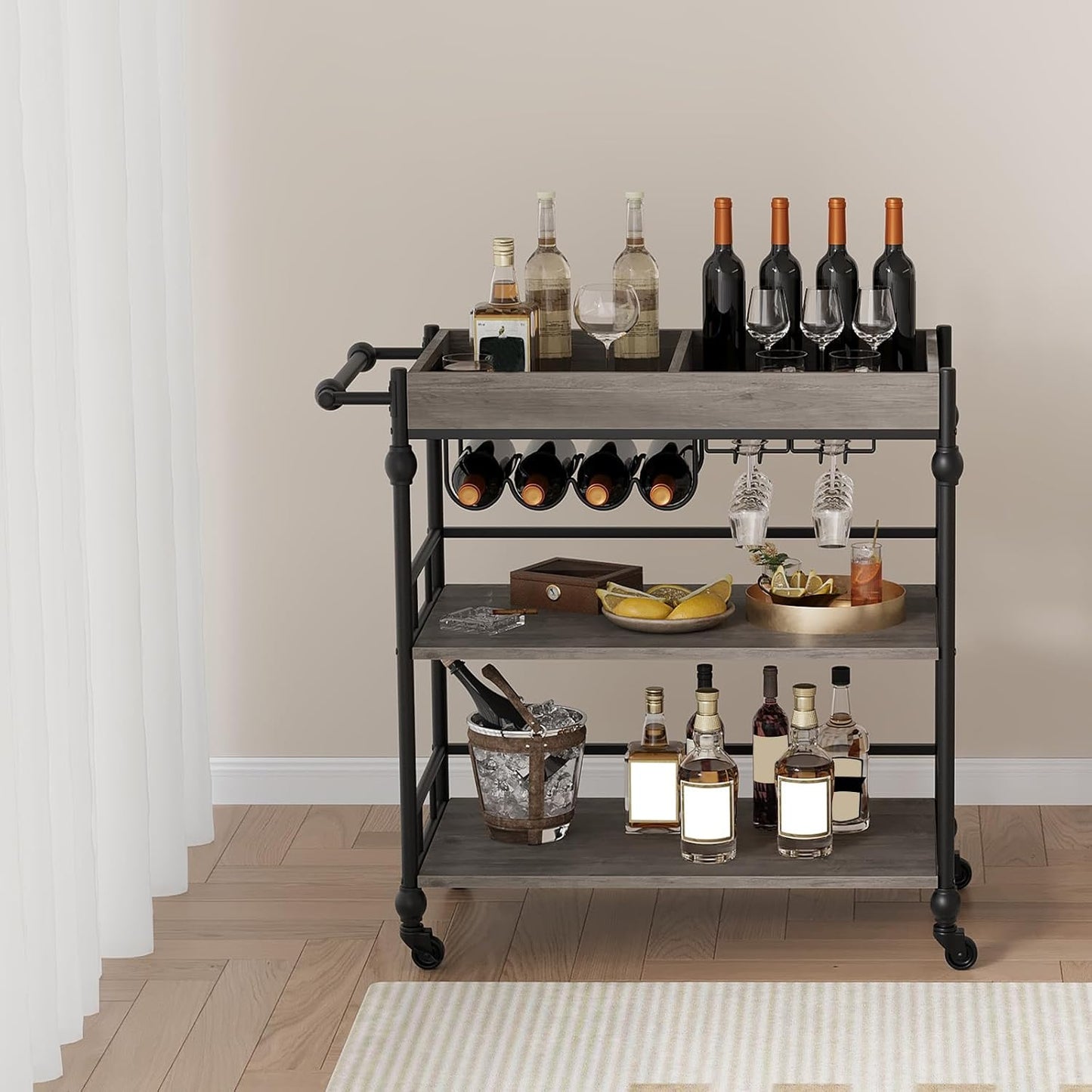 Servierwagen mit Weinregal und abnehmbarem Tablett, Grau