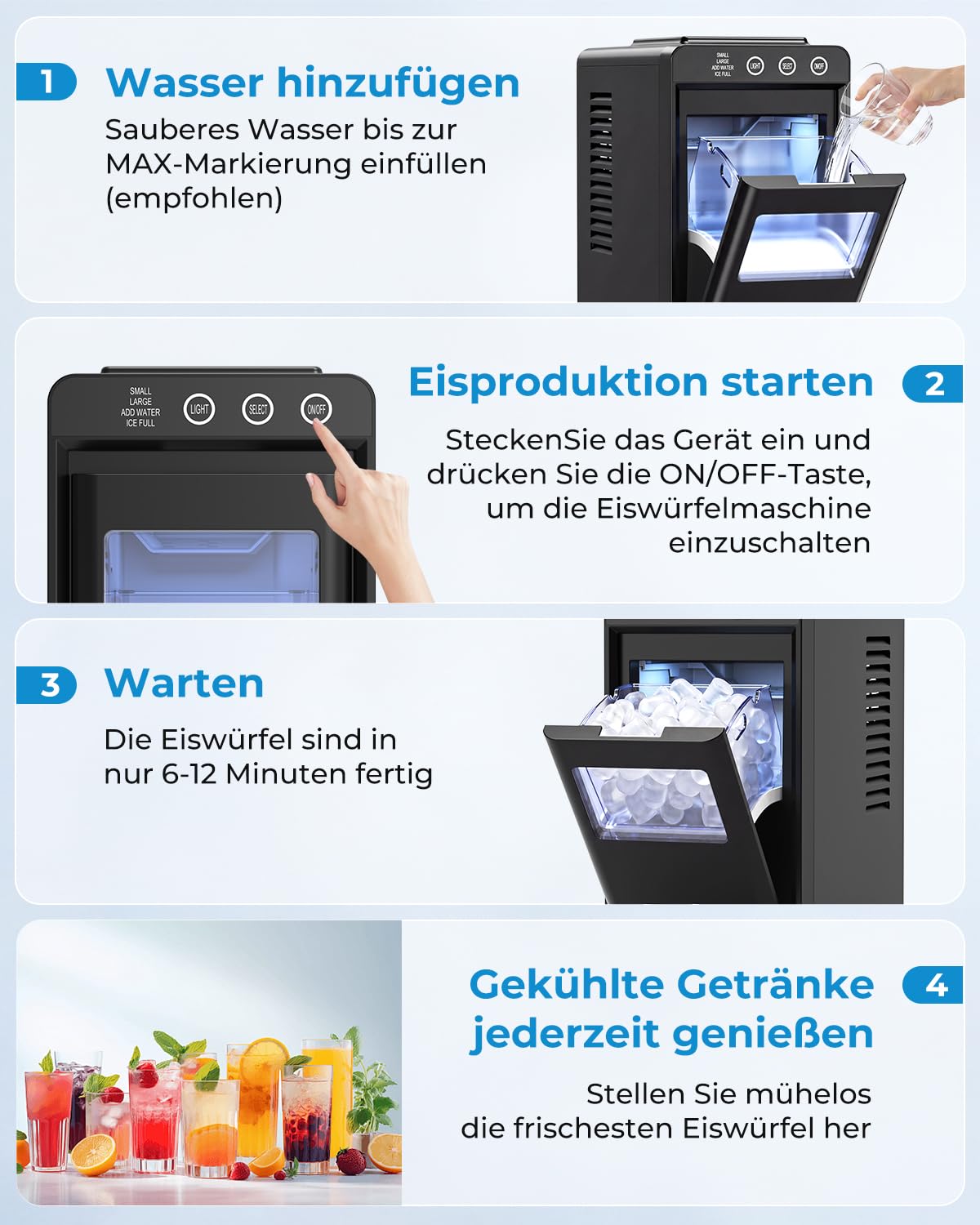 Eiswürfelmaschine mit Schublade & Reinigung, Schwarz