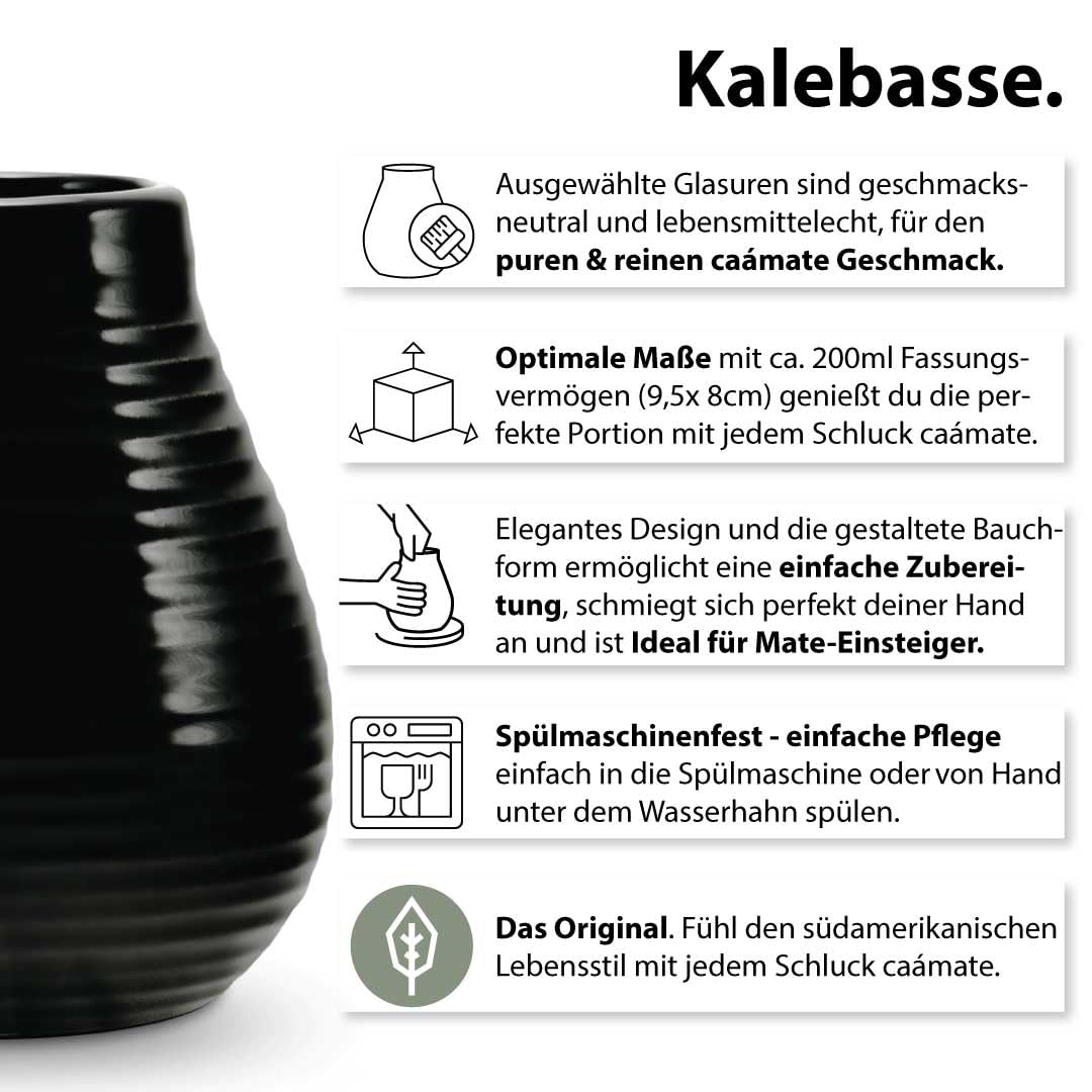 Mate Tee Set mit Keramikbecher und Bombilla, schwarz