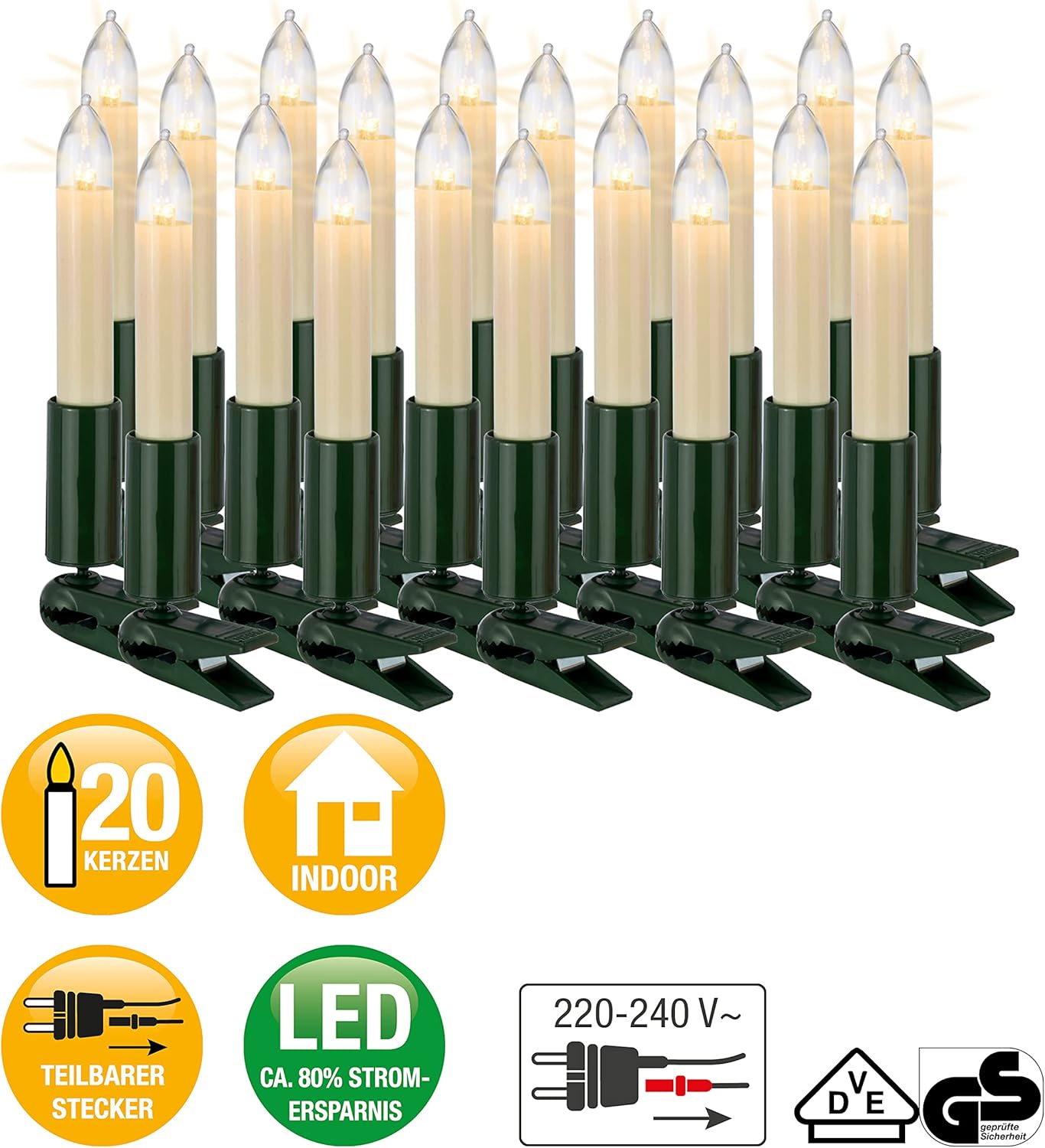 Weihnachtsbaum LED-Lichterkette mit Clip (20 Lichter), 20 luci / 13,3 m illuminati | Ohne Flackereffekt