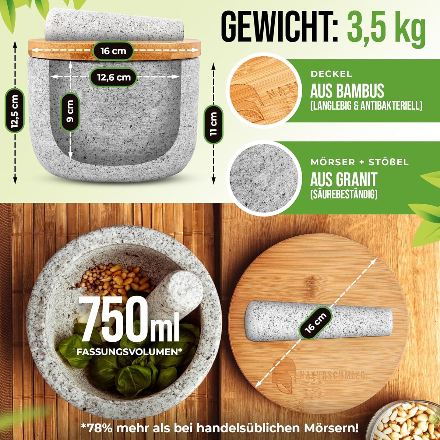 Mörser mit Stössel & Deckel, Hellgrau