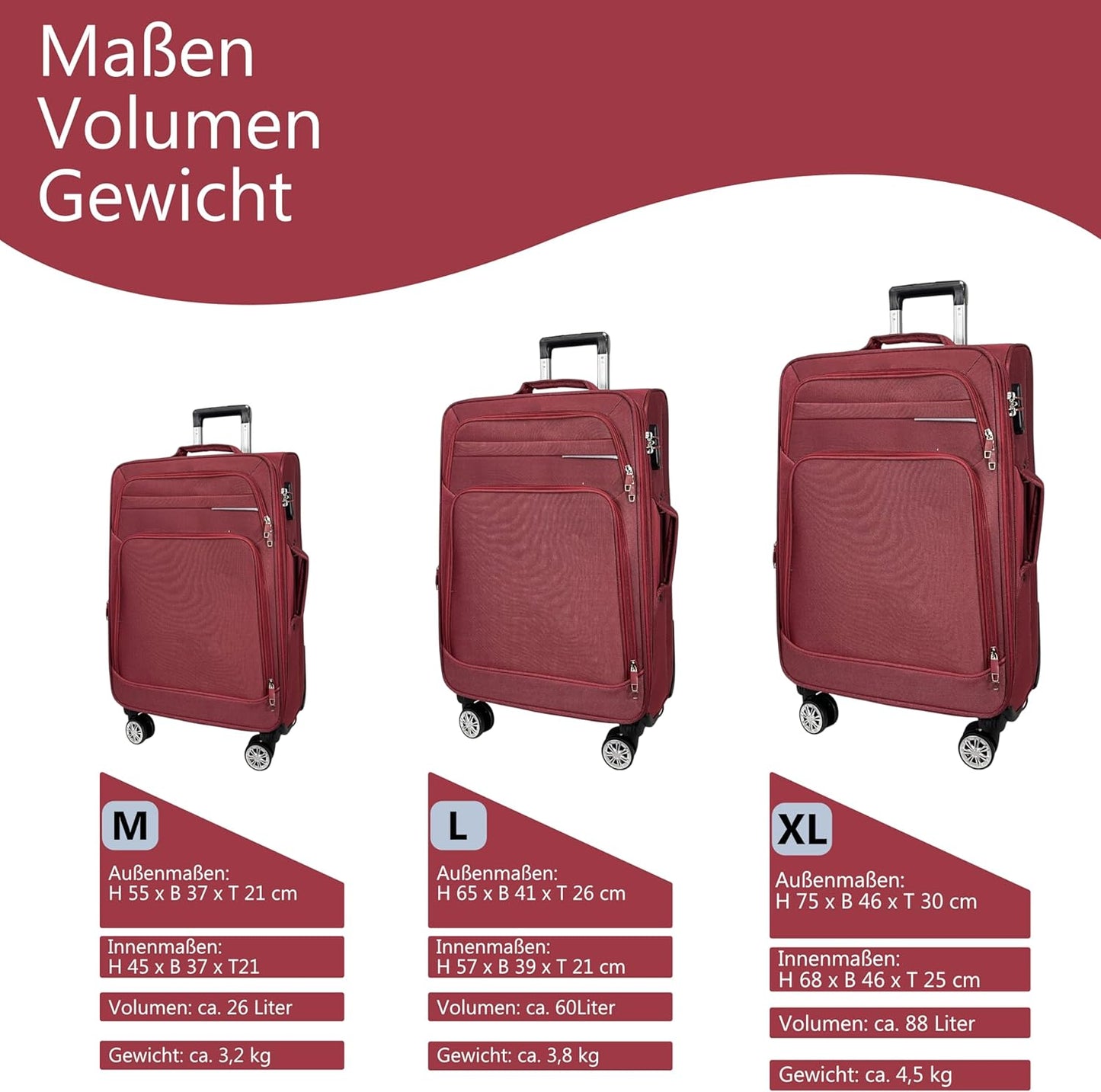 3-teiliges Weichschalenkoffer-Set, 3er Set Rot