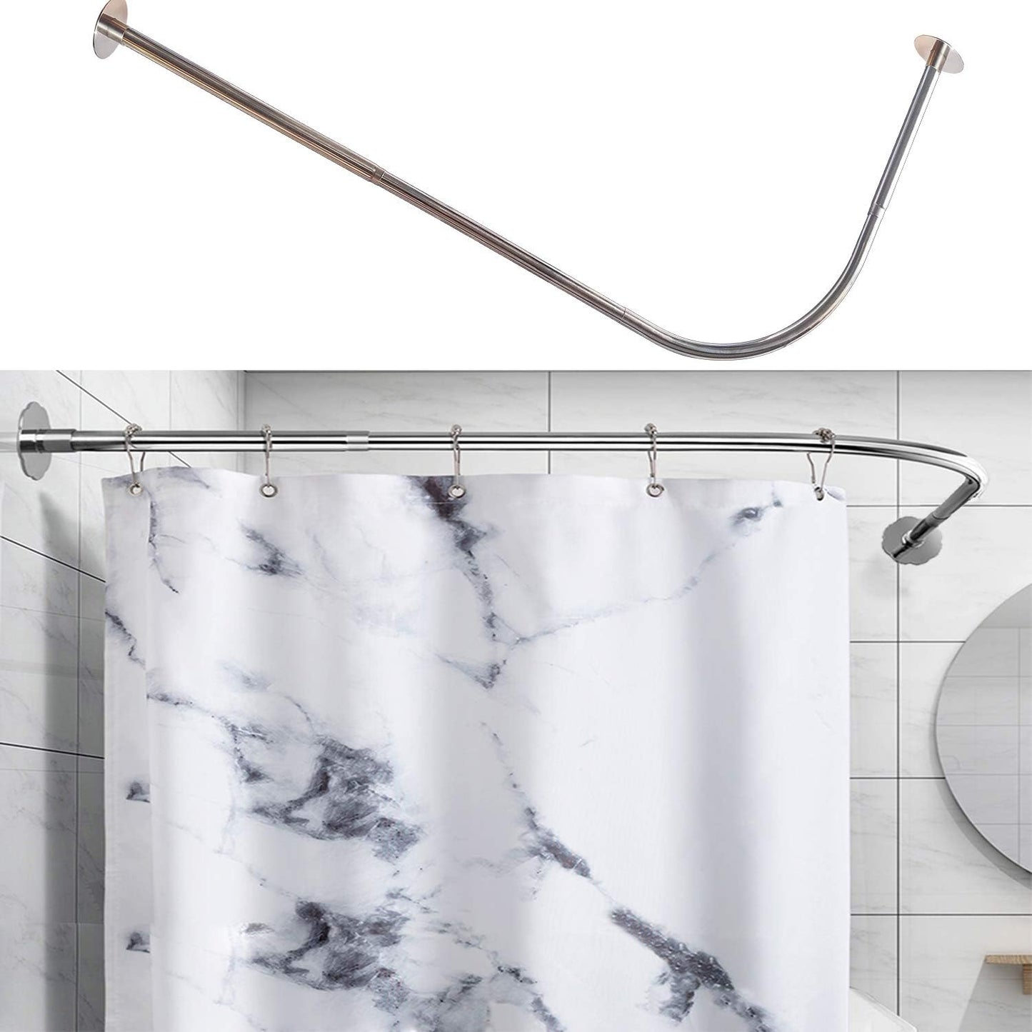 Eck-Duschvorhangstange L-förmig, ohne Bohren, verstellbar, Silber, 70–100 Cm X 120–165 Cm