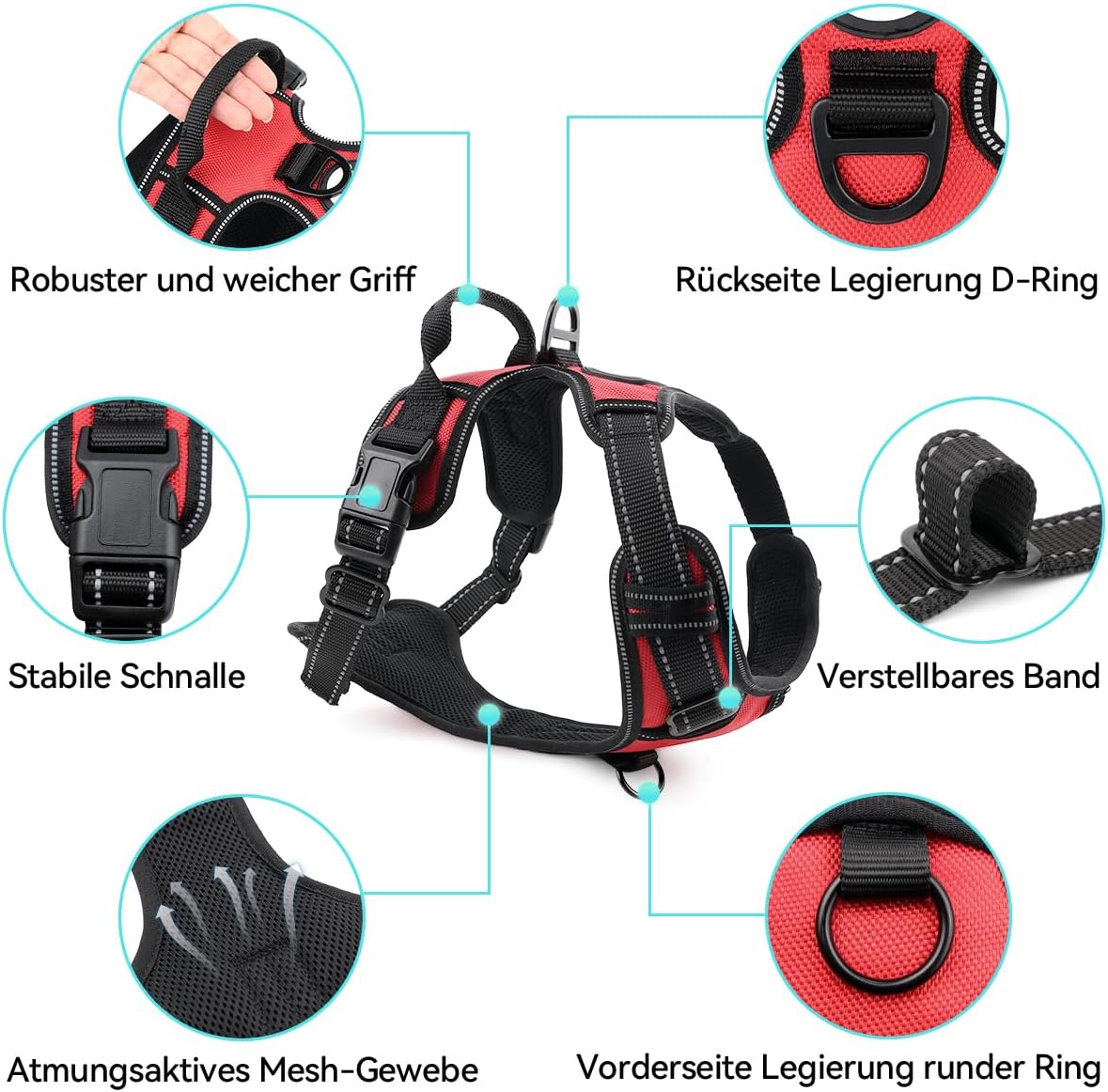 Reflektierendes Hundegeschirr mit Griff, verstellbar, M (1er Pack) Rot