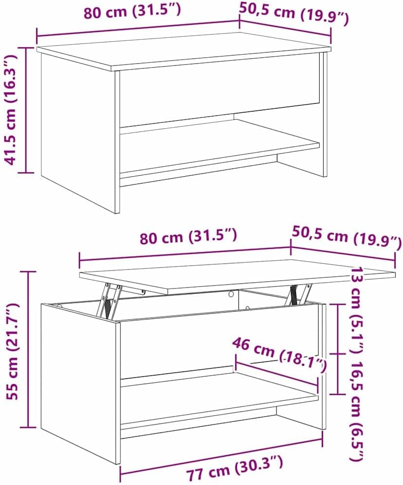 Moderner Couchtisch mit klappbarem Deckel, Altholz 80 x 50.5 x 41.5 cm