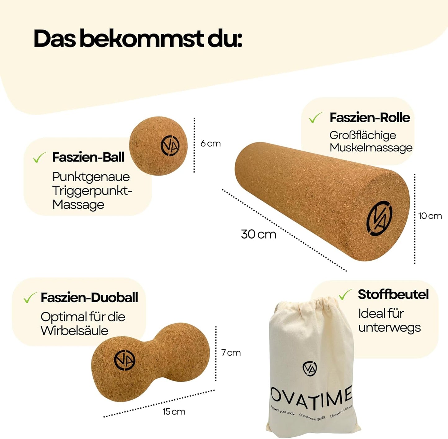 3-teiliges Faszien-Set mit Rolle und Bällen