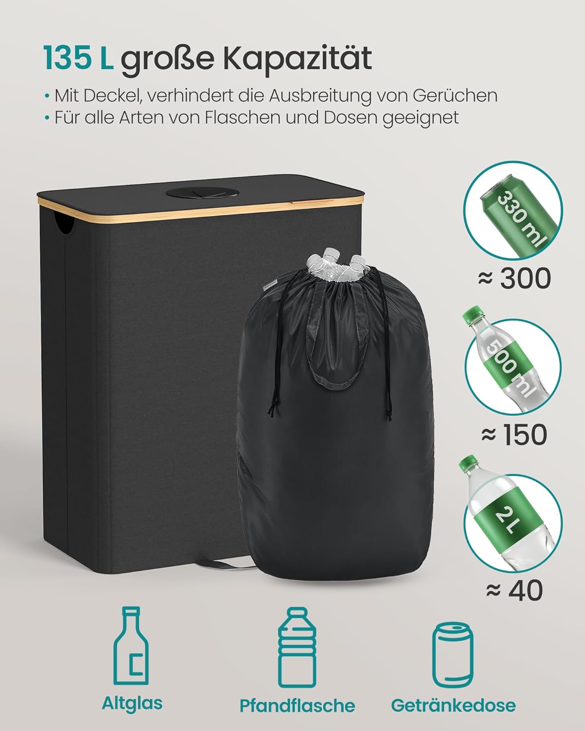 Pfandflaschen-Sammelbehälter, 135 L, Tintenschwarz + Naturbeige 135 L