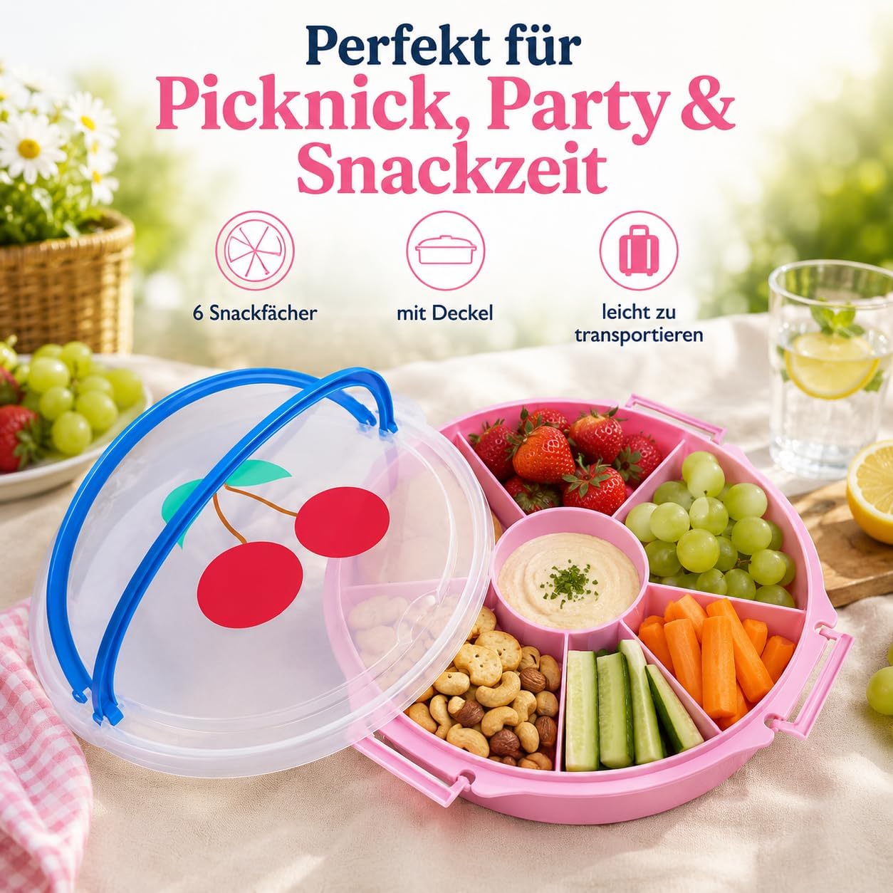 Snackbox mit Fächern und Deckel für Obst und Dips, Kirsche