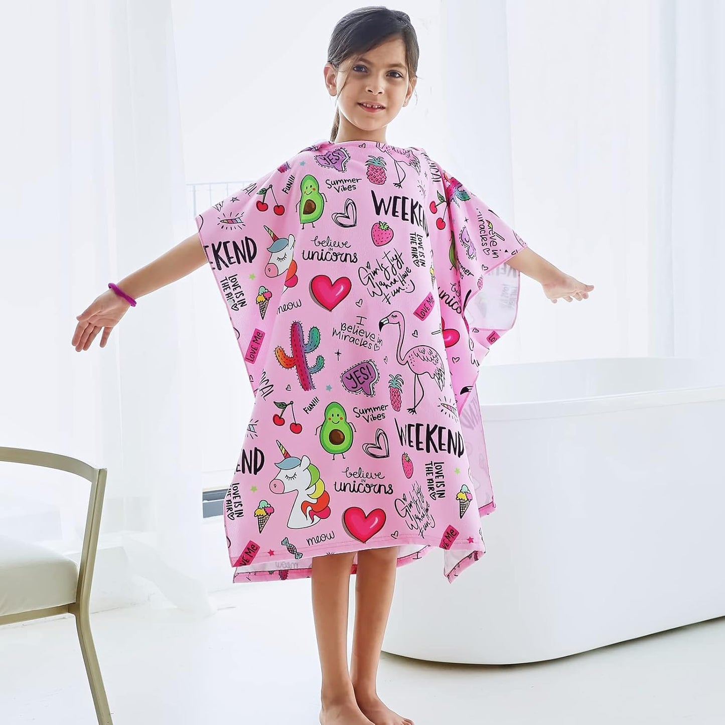 Badetuch-Poncho für Kinder mit Einhorn-Motiv, Rosa Einheitsgröße