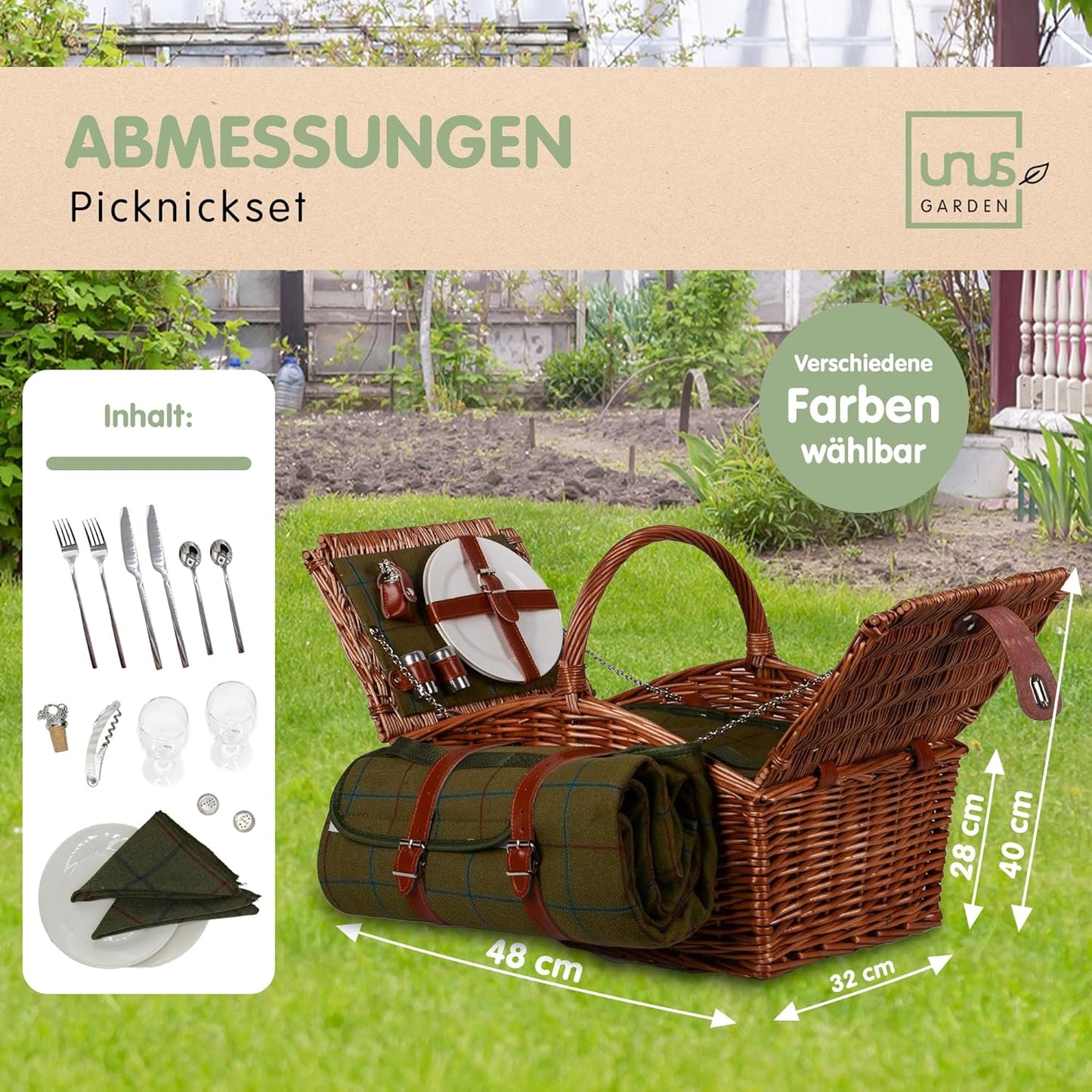 Picknick-Set für 2 Personen mit Kühltasche, Natur/Dunkelgrün