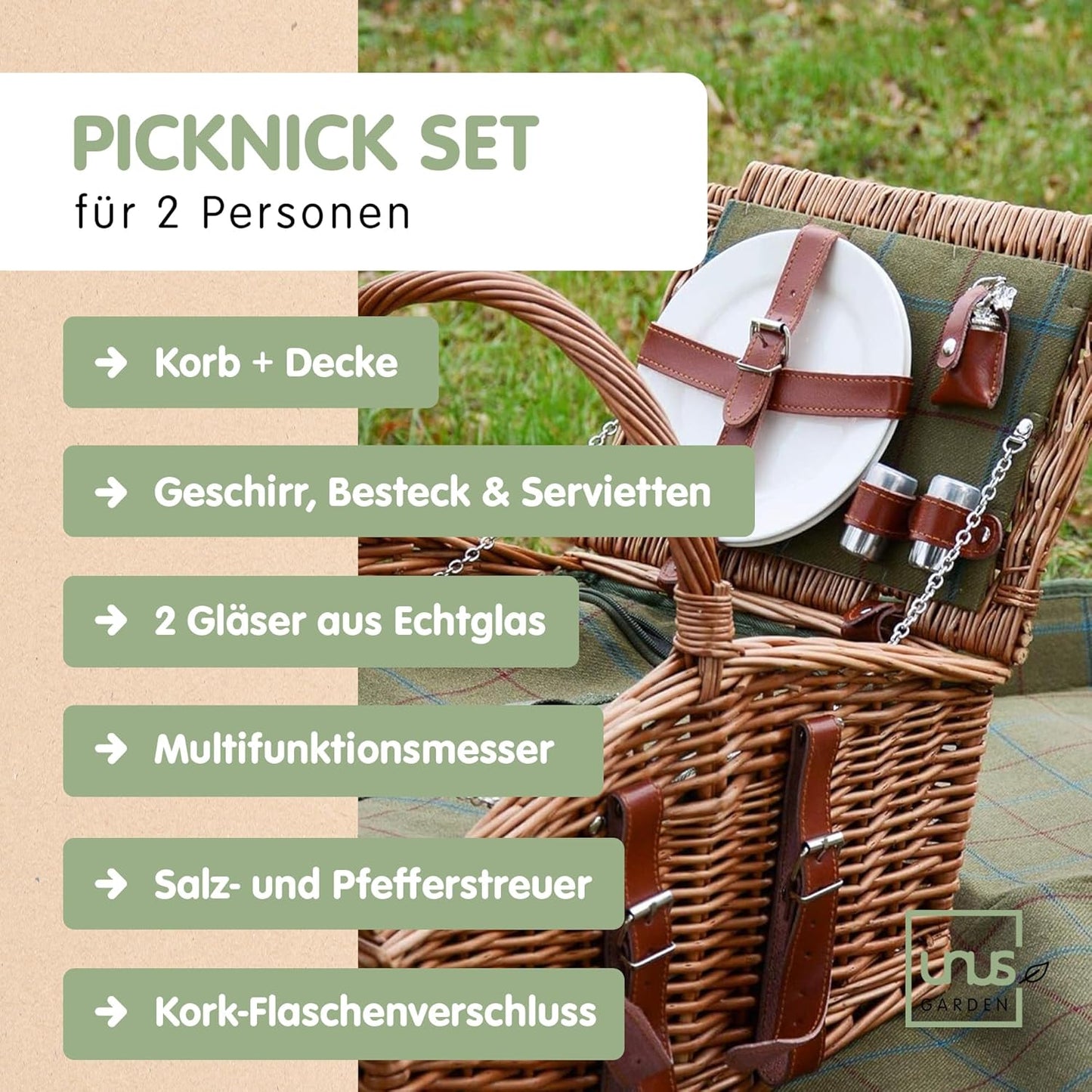 Picknick-Set für 2 Personen mit Kühltasche, Natur/Dunkelgrün