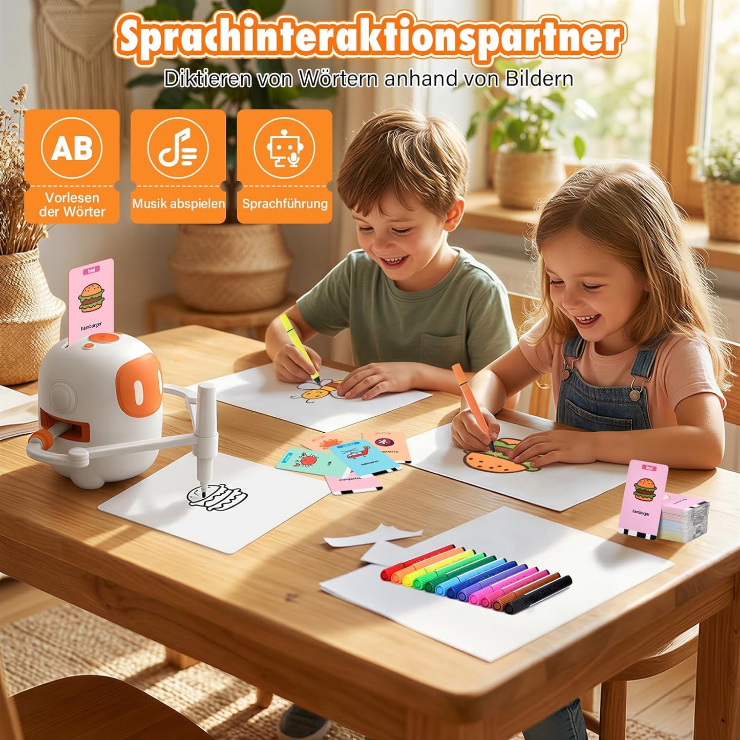 Zeichenroboter mit Sprachfunktion, 100 Karten und Stiften, Weiss