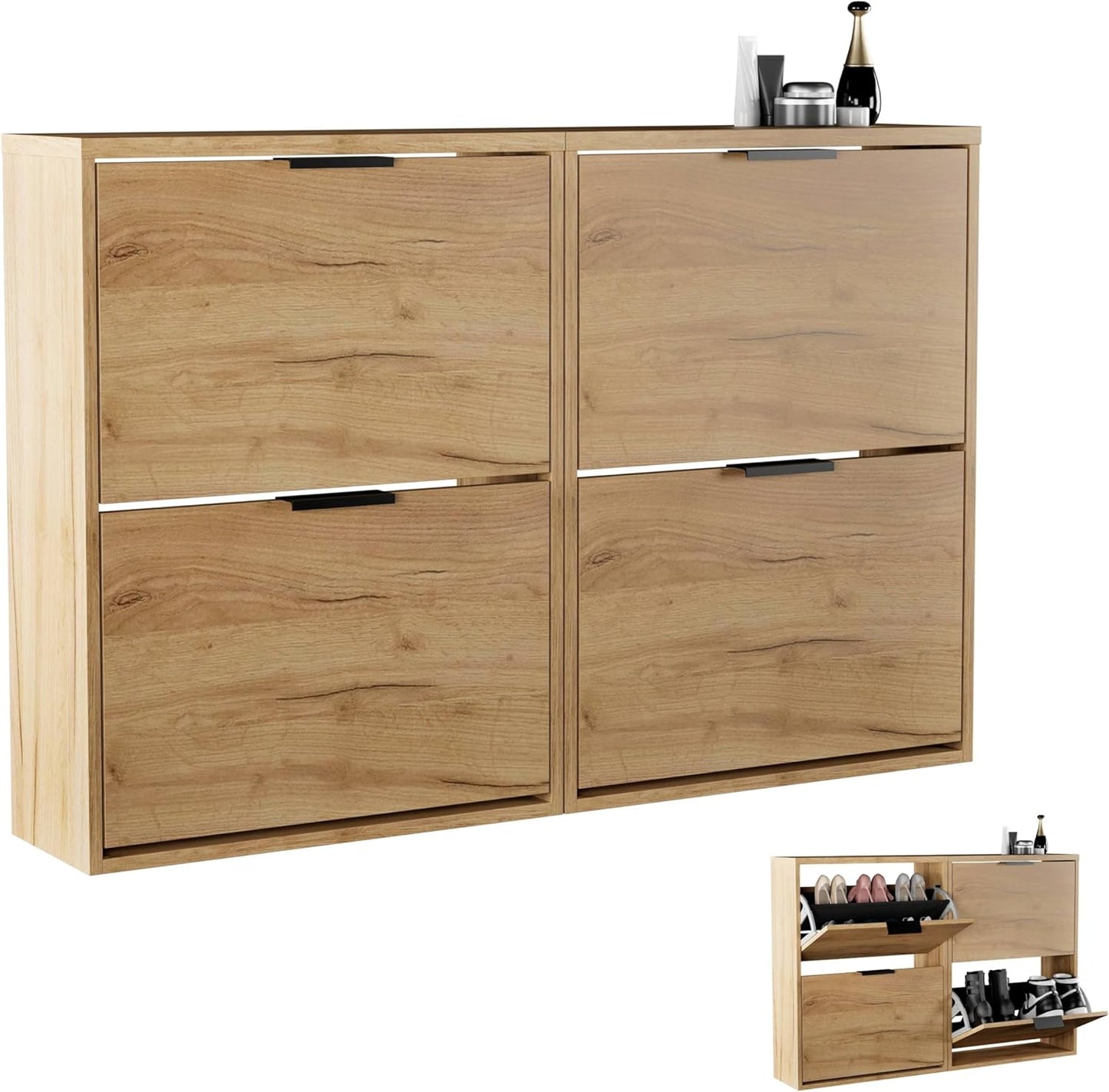 Schuhschrank-Set mit Klappen (4 Ablagen), 2x 2 Klappen Gold Eiche