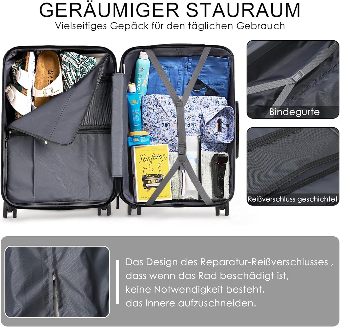 Hartschalenkoffer-Set mit Rollen (3-teilig), Helles Dunkelgrün Kofferset (20/24/28 Zoll)