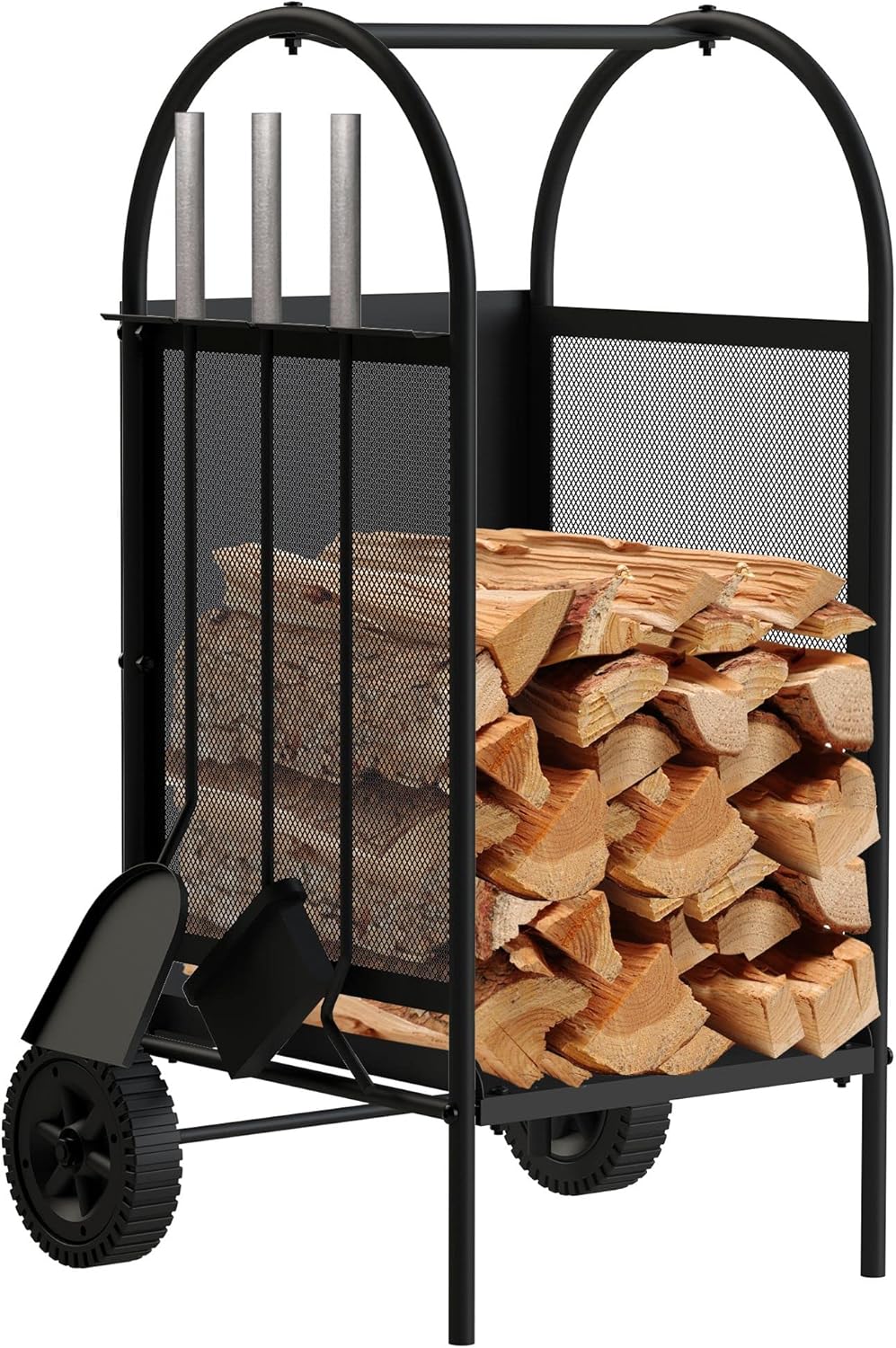 Kaminholzregal mit Kaminbesteck und Rädern
