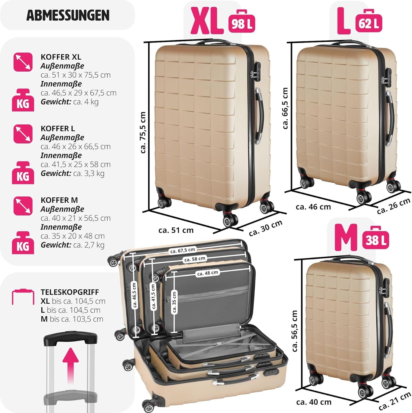 800518 - Reisekofferset 3-teilig, Champagner
