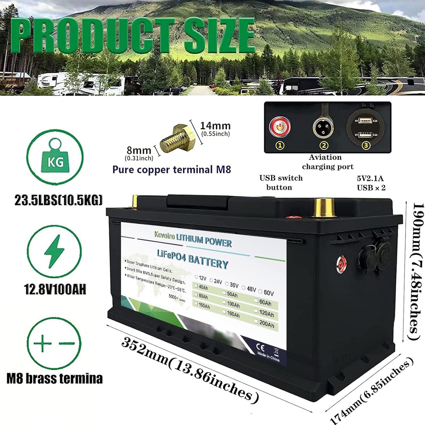 12V 100Ah Lifepo4 Lithium-Batterie mit Ladegerät, 12V100AH USB Modell mit Ladegerät