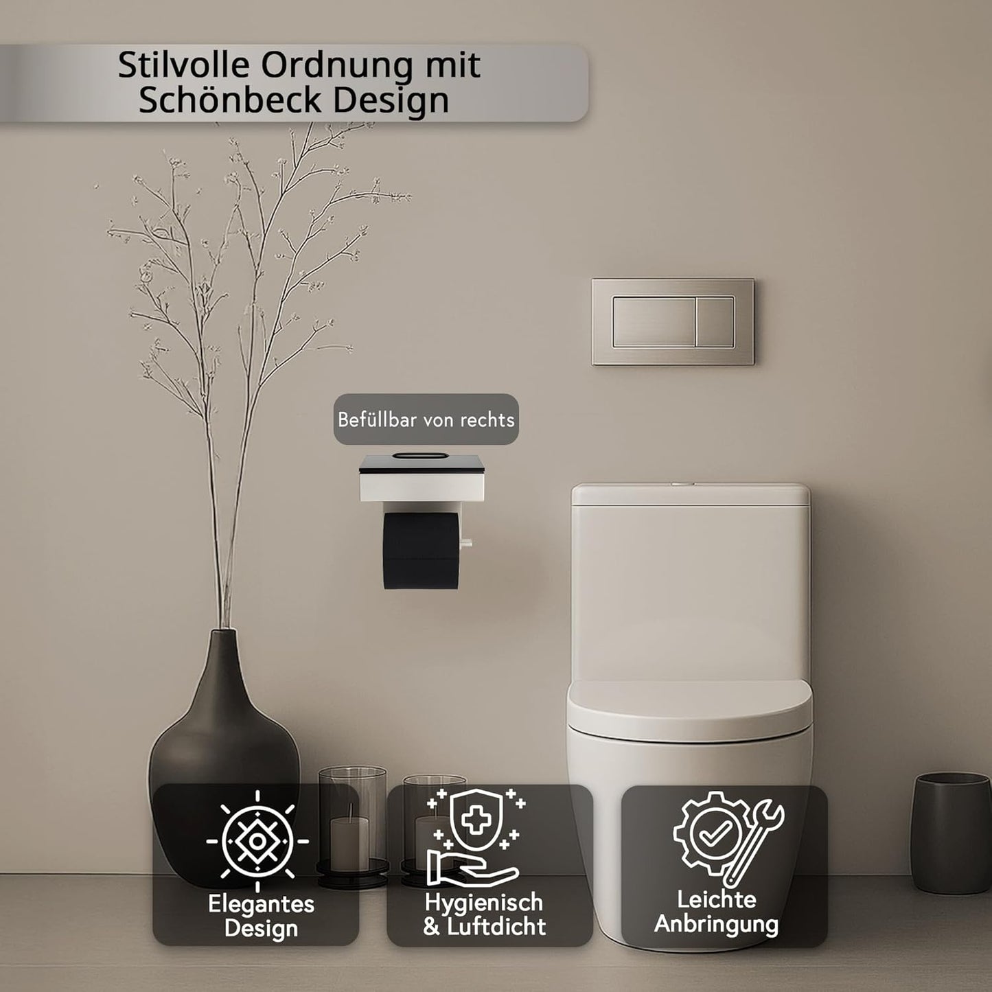 Toilettenpapierhalter mit Feuchttücherbox, Gehäuse Matt Glas Schwarz Befüllbar Von Rechts