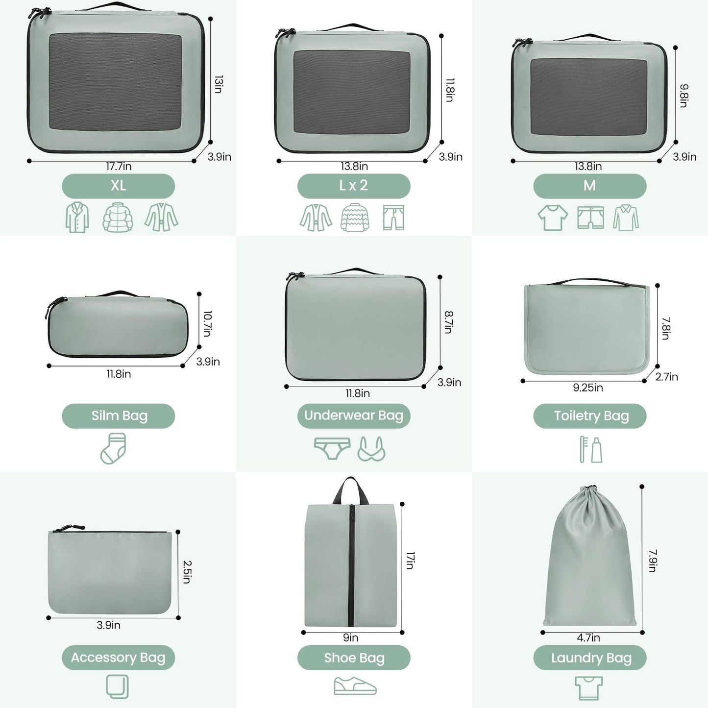 10-teiliges Gepäck-Organizer Set, 10 Set, Minze