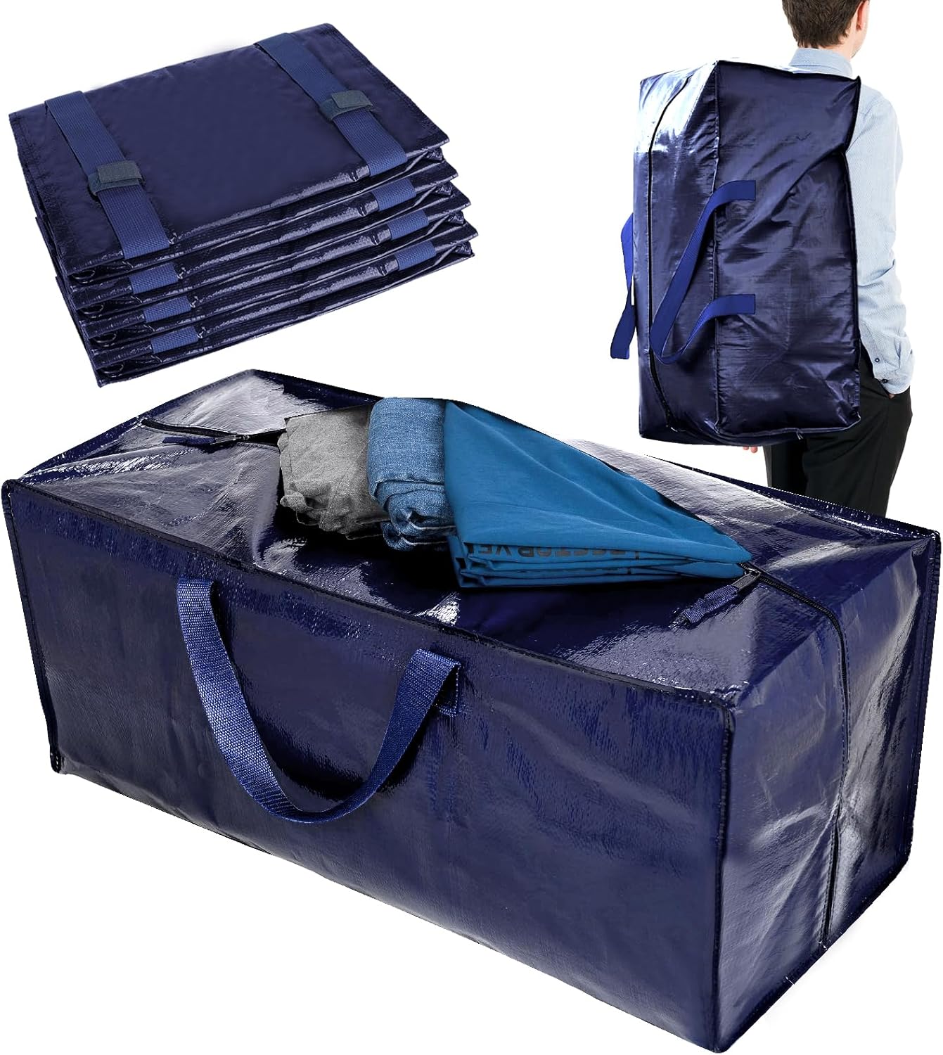 Faltbare Umzugstaschen mit Rucksackgurten (4 Stück), Blau