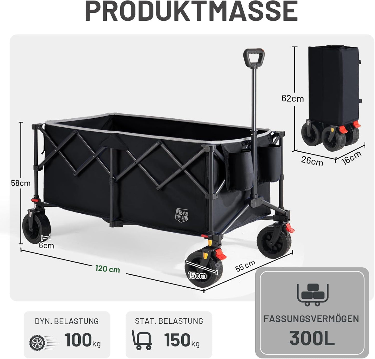 Faltbarer Bollerwagen mit All-Terrain Rädern 150kg, Schwarz