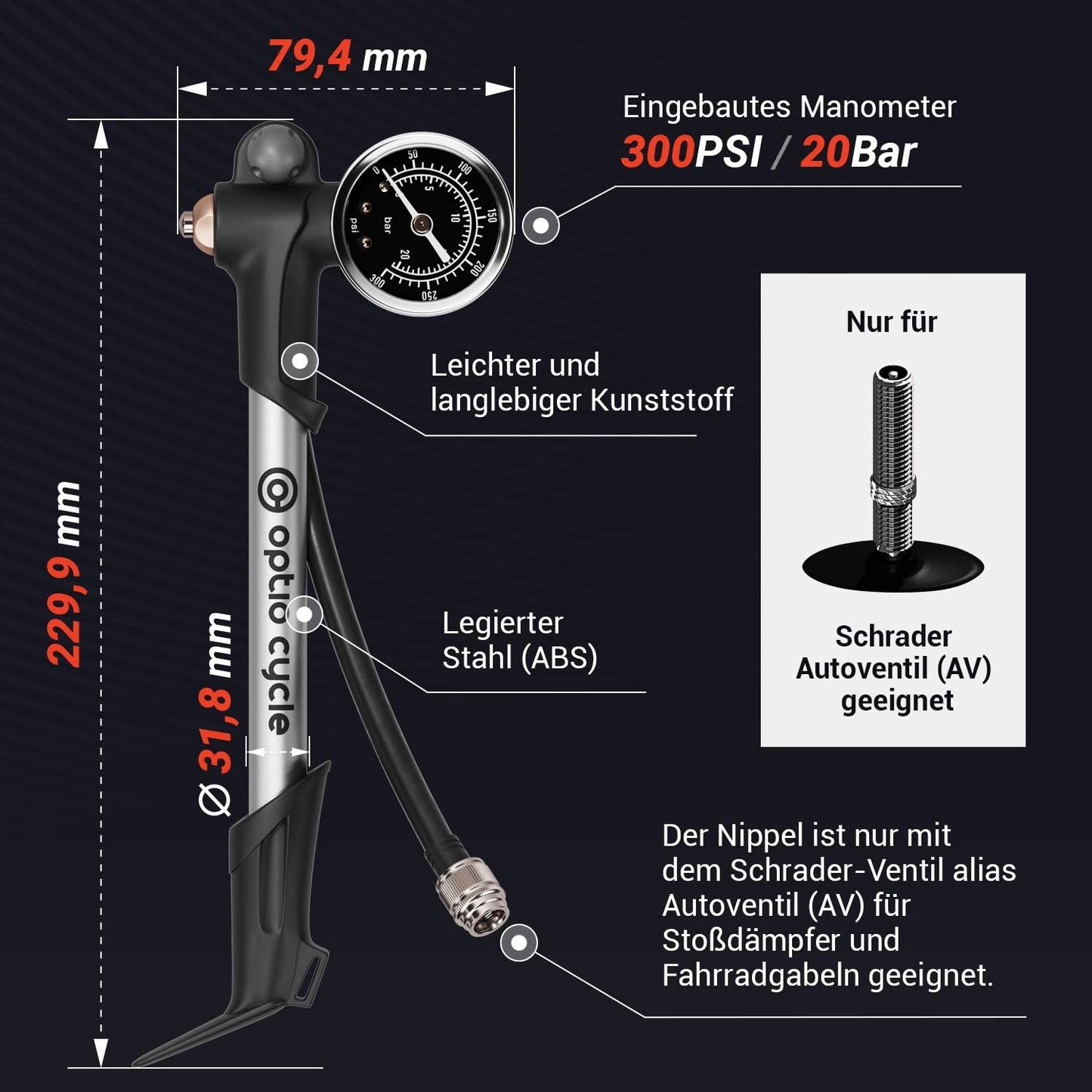 Hochdruck-Dämpferpumpe mit Manometer für Mountainbikes, 300 PSI / 20 Bar
