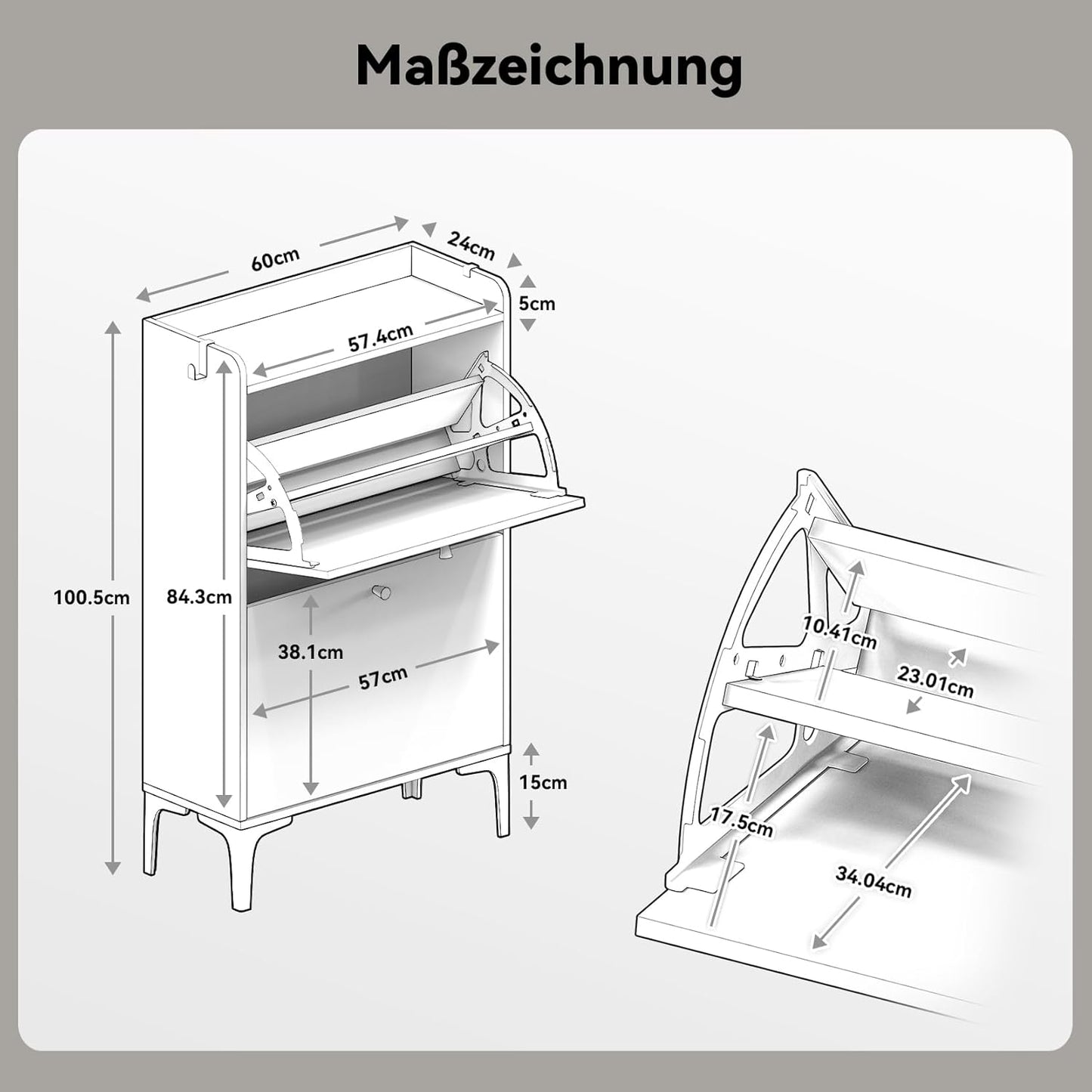 Schuhschrank mit 2 Flip-Schubladen, 60cm Weiß