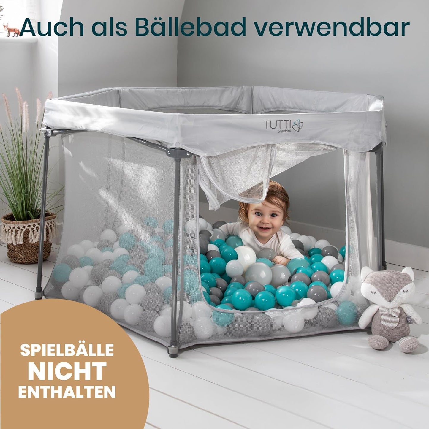 Faltbares Laufgitter für Babys mit Netz- und Reissverschlusstür, Silber