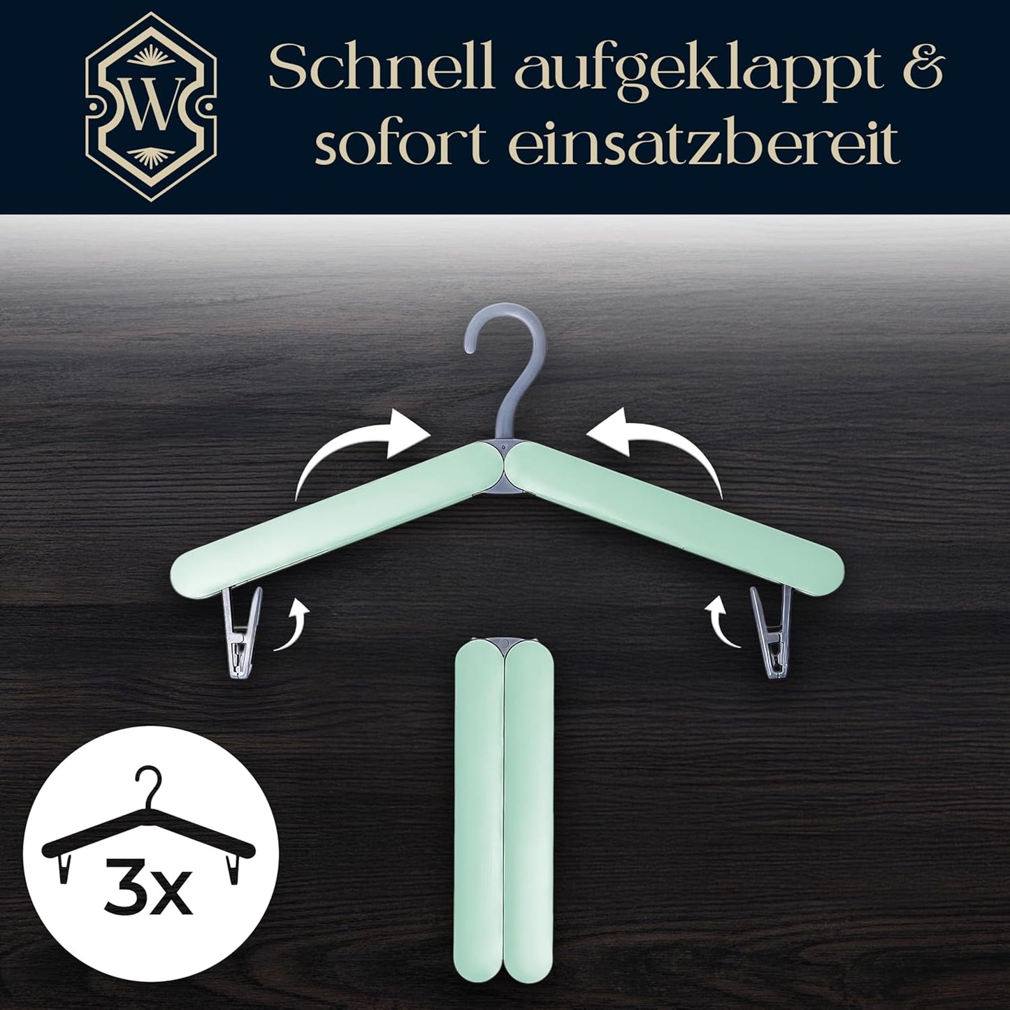 Faltbare Reise Kleiderbügel (3er Set) mit Clips, Grün