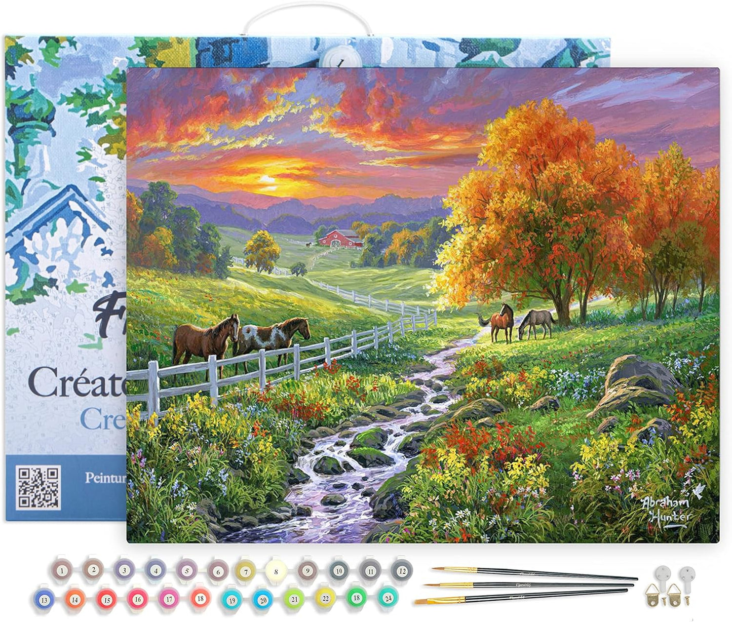 Malen-nach-Zahlen Set Sonnenuntergang, Landschaftlicher Sonnenuntergang und Pferde 40x50cm Mit Rahmen (bereits gespannt)