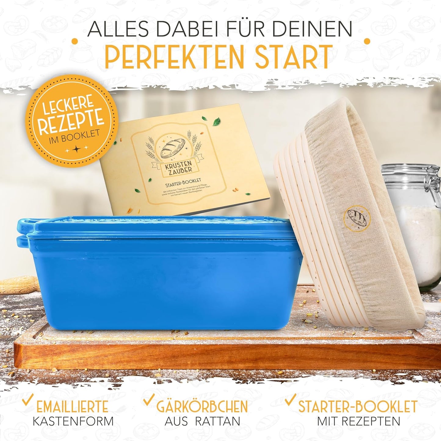 Brotbackfrom mit Deckel inkl. Gärkorb, Blau Kastenform