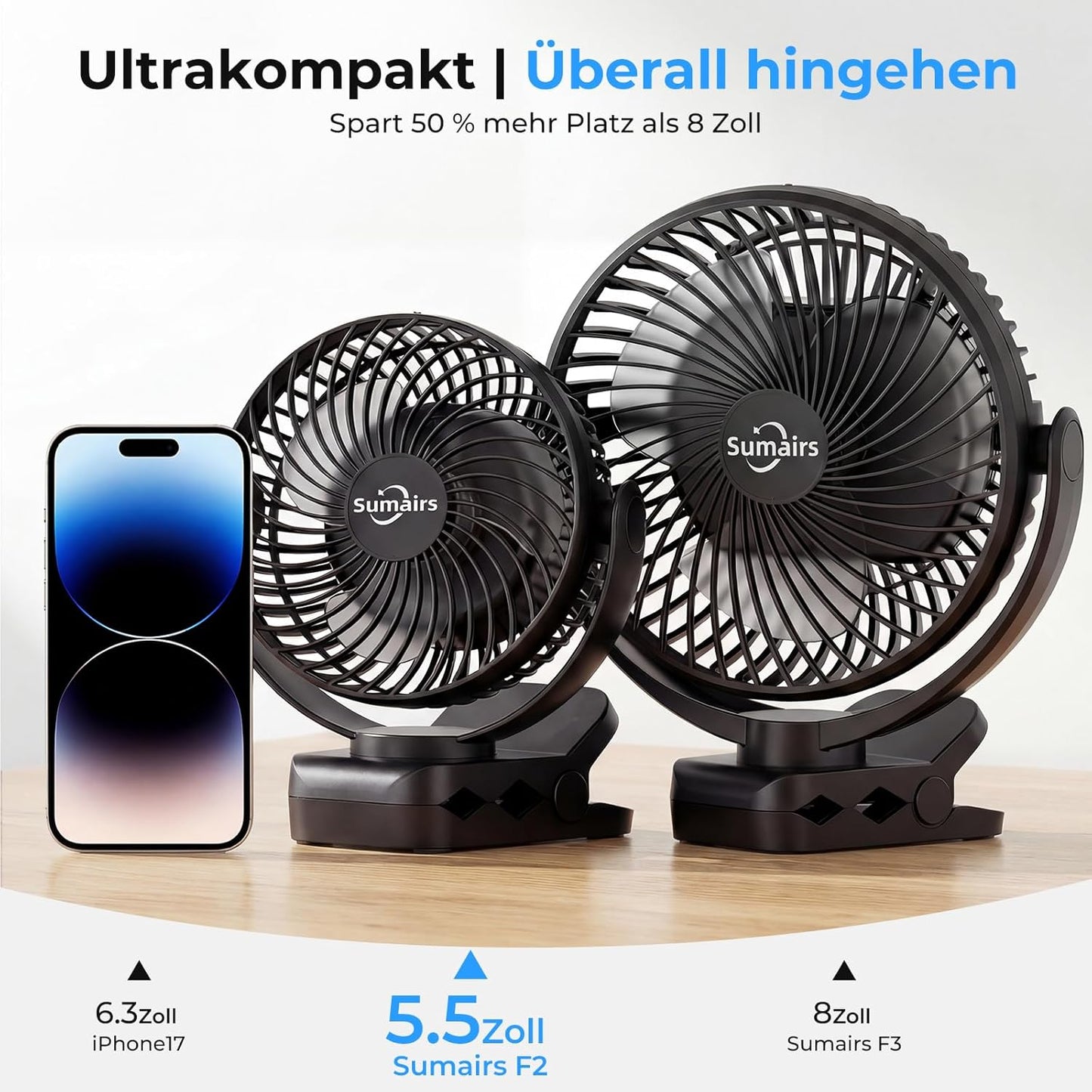 Tragbarer USB-Campingventilator mit Akku und Lampe, 14cm
