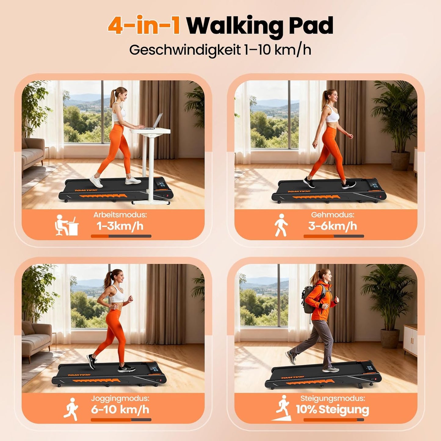 Walking Pad Laufband 10km/h mit Bluetooth Speaker, Schwarz-Dunkelorange