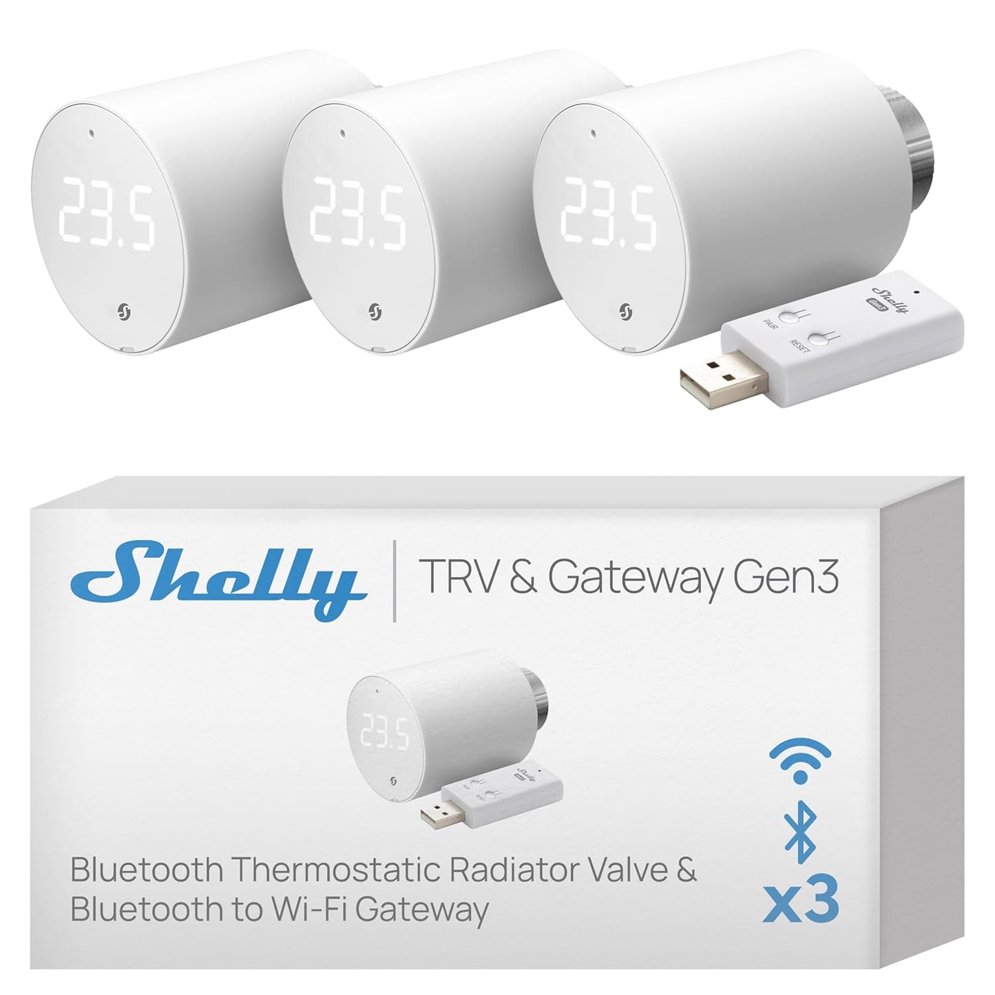 Thermostatventil Blu TRV & Shelly Blu Gateway Gen3, 3 Stück