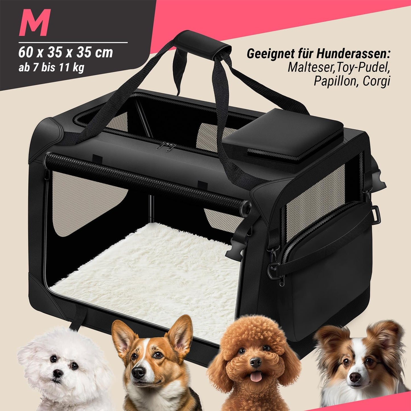 Faltbare Hunde-Transportbox atmungsaktiv & wasserabweisend, M - 62x42x42 cm