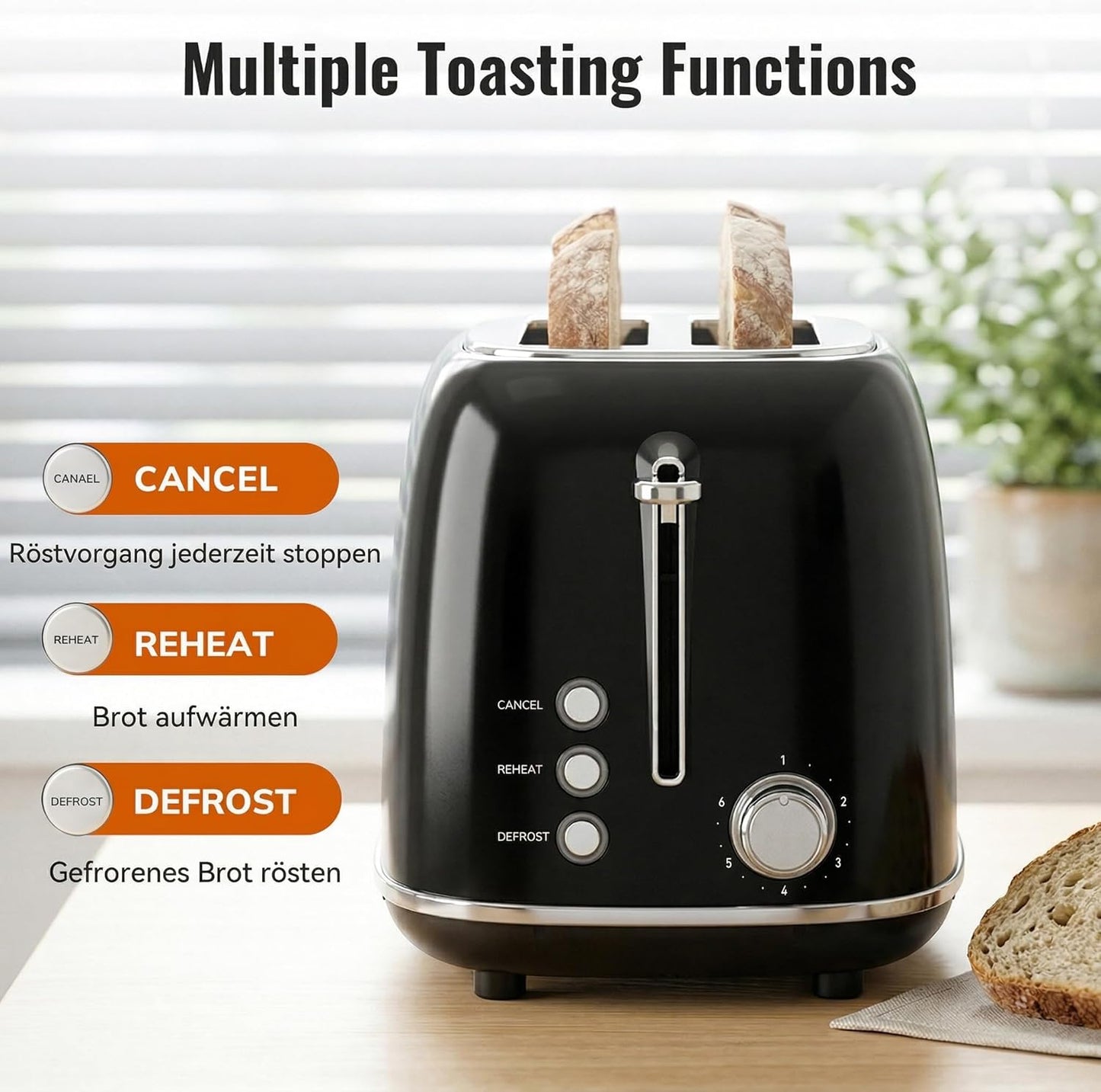 Retro Edelstahl Toaster mit breitem Schlitz (2 Scheiben)