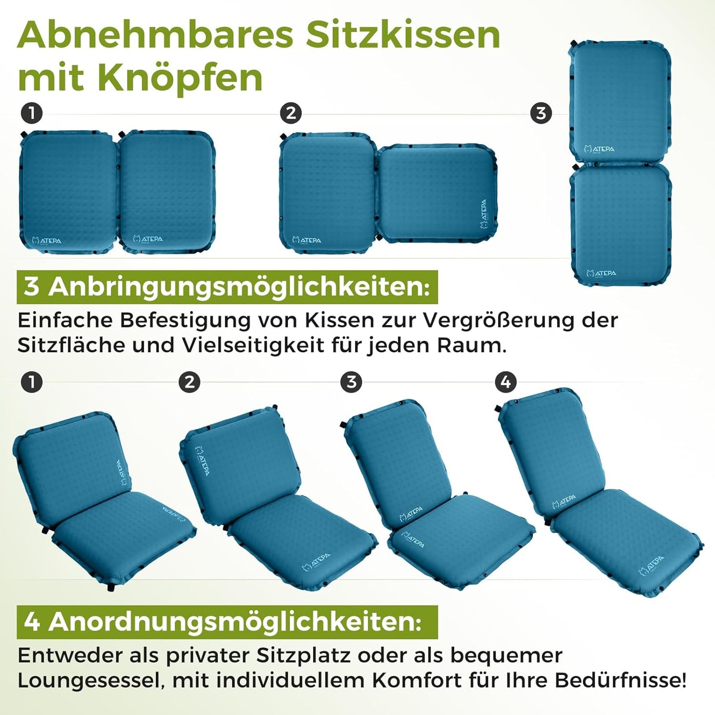 Selbstaufblasendes Outdoor-Sitzkissen, Blau 1er Pack 42 x 33 x 6,5 cm