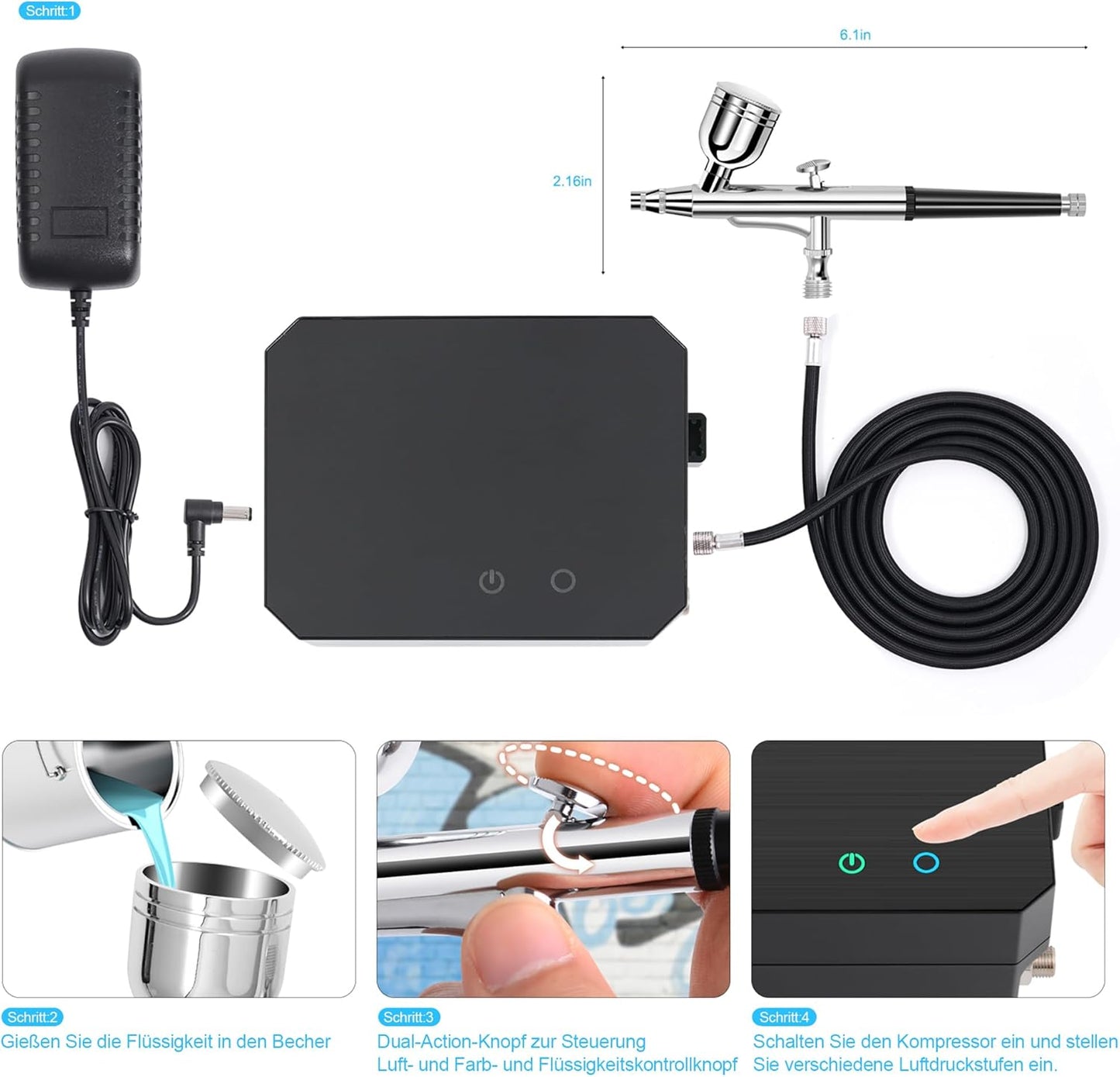 Dual Action Airbrush Set mit Kompressor, Schwarz