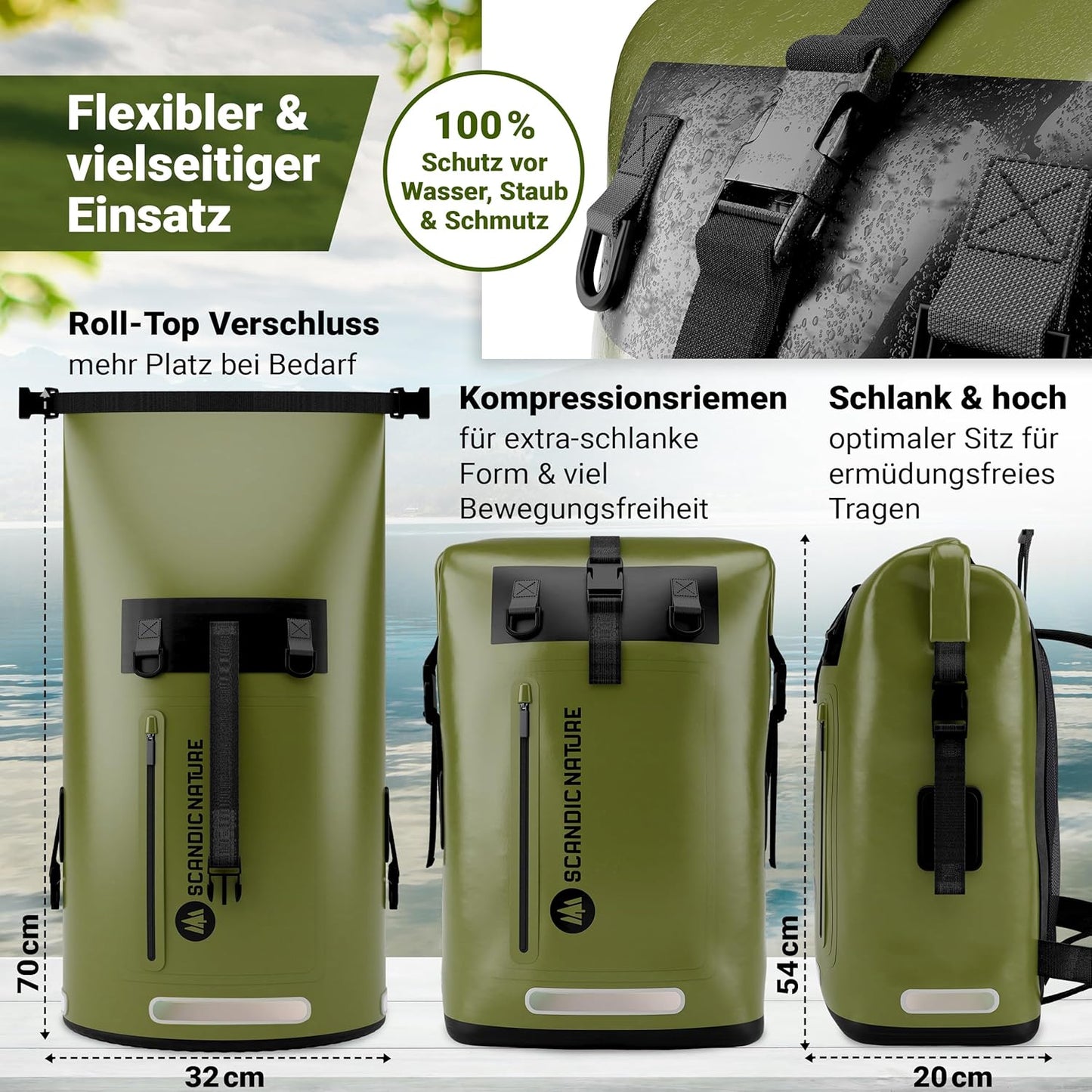 Wasserdichter Rucksack mit Rolltop-Verschluss und Handyhülle, Oliv-grün 55 Liter