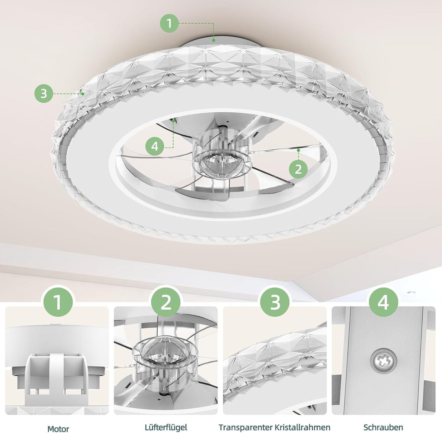 Dimmbarer Kristall-Deckenventilator mit Beleuchtung, Weiss 1 (3cct+rgb) 43.5 cm