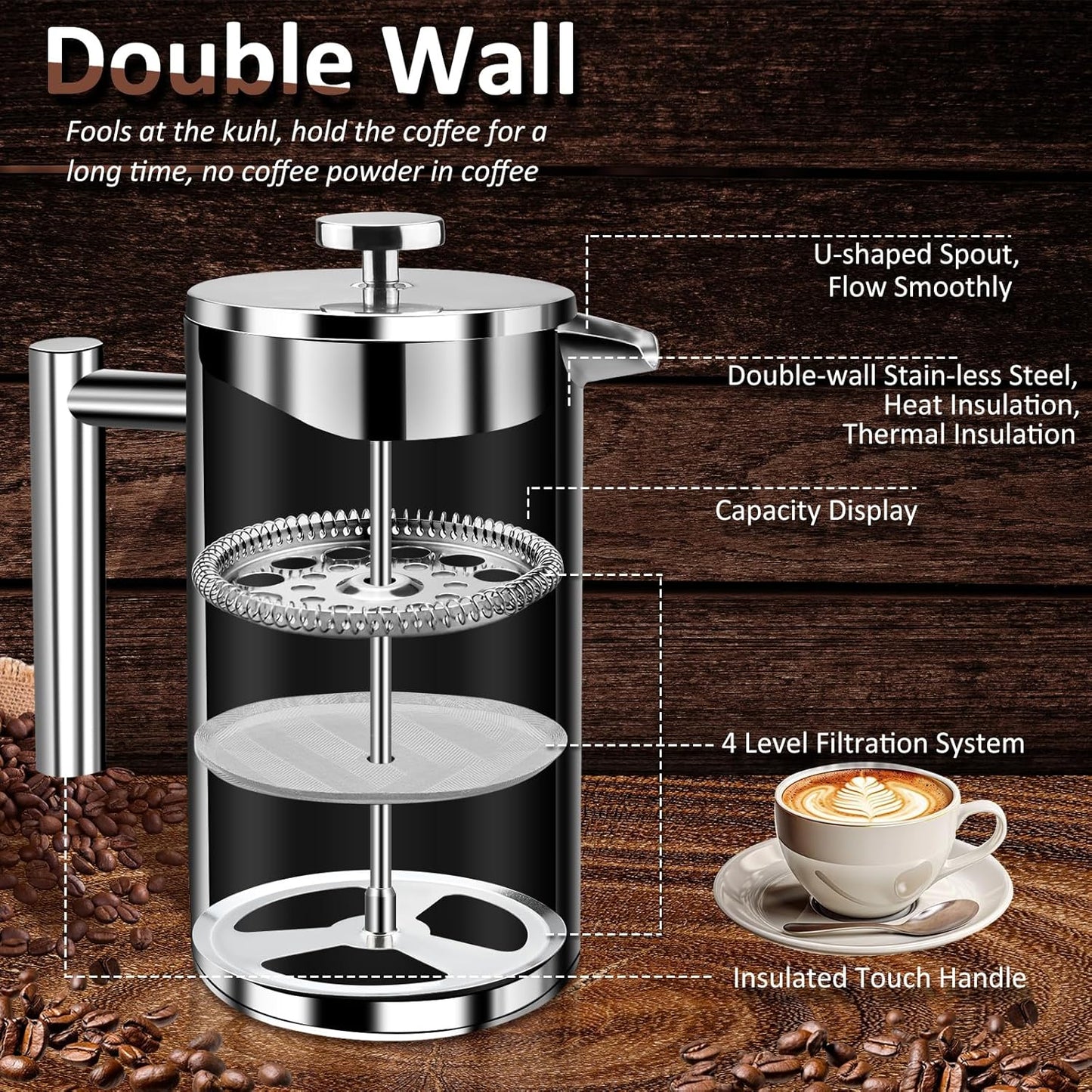 Edelstahl French Press 800ML, doppelwandig isoliert, 800ML