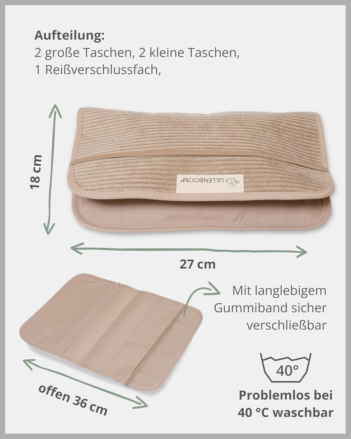 Windeltasche für unterwegs, Wickelorganiser, Cord Sand