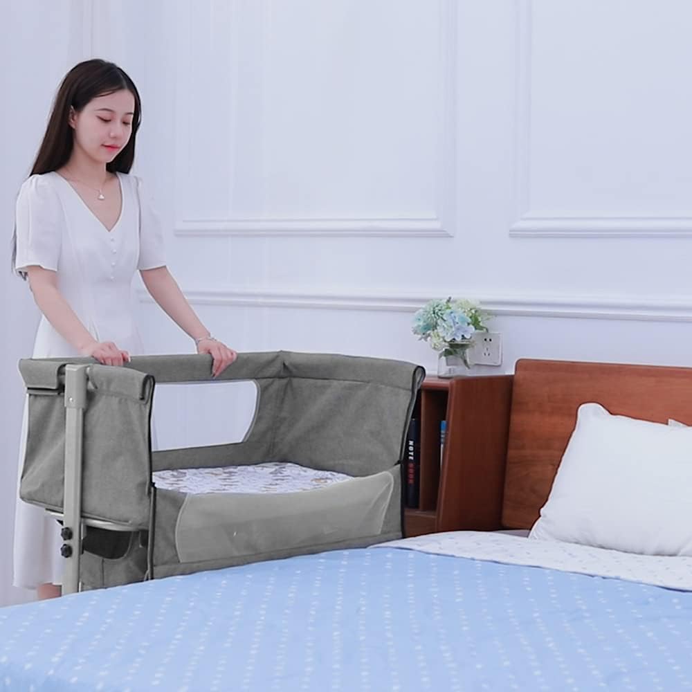 Babybett mit Moskitonetz und Wiegefunktion, 92*58*70-90 Cm(gris Foncé)